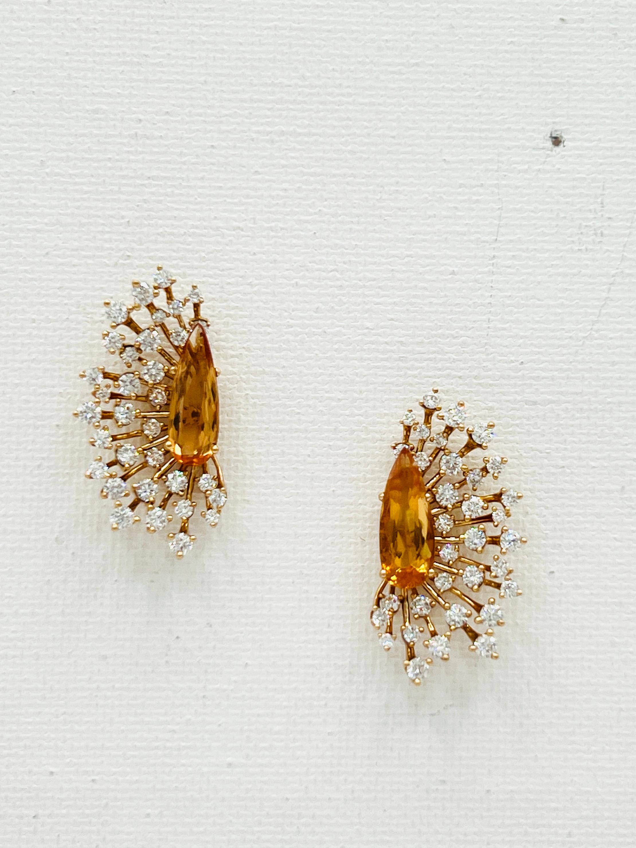 Imperial Topaz and White Diamond Spray Earrings in 18K Rose Gold For Sale 2