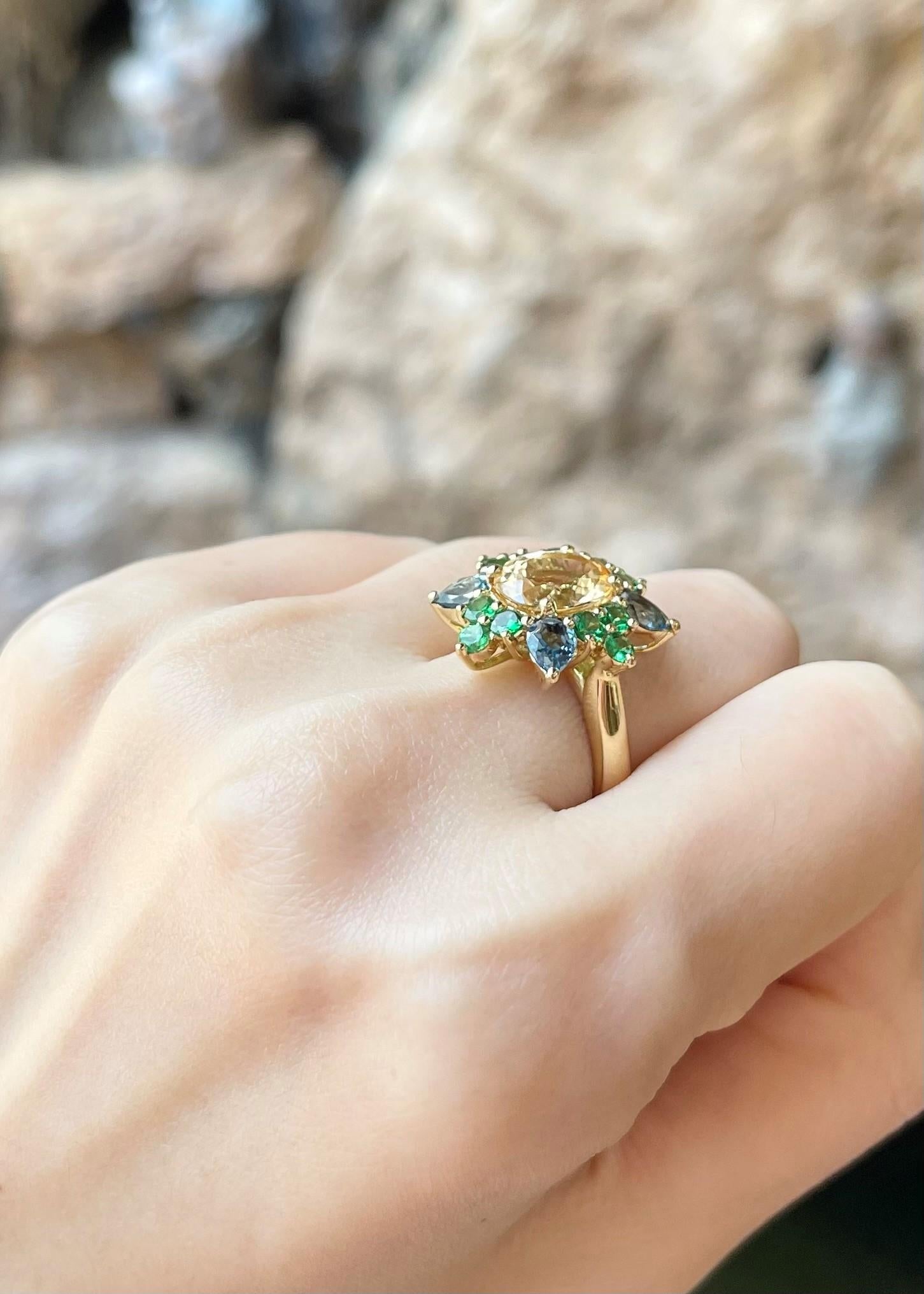 Imperial Topaz 3.44 carats, Aquamarine 1.09 carats and Tsavorite 1.10 carats Ring set in 18K Gold Settings

Width:  1.9 cm 
Length: 2.0 cm
Ring Size: 53
Total Weight: 8.51 grams
GIT G2405140060002


