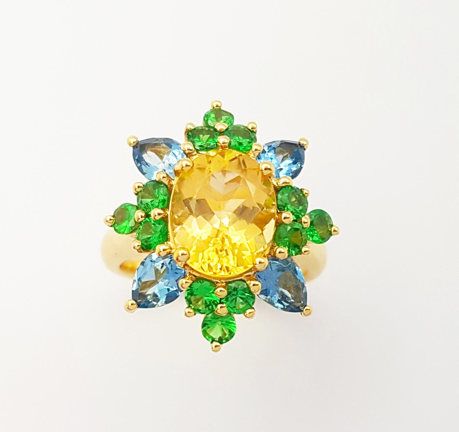 Imperial Topaz, Aquamarine and Tsavorite Ring set in 18K Gold Settings For Sale 1