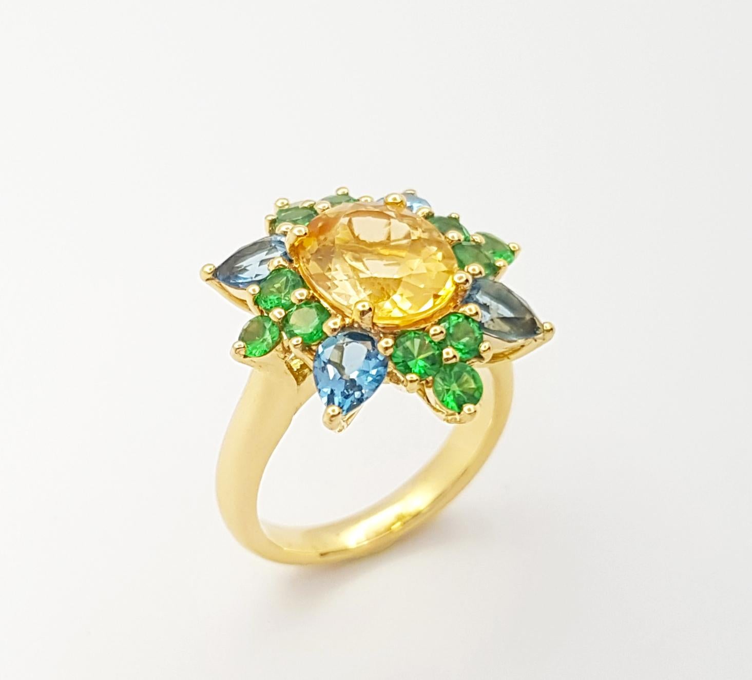 Imperial Topaz, Aquamarine and Tsavorite Ring set in 18K Gold Settings For Sale 2