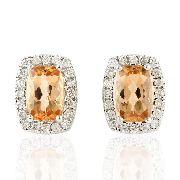 Imperial topaz Diamond 18 Karat Gold Stud Earrings For Sale at