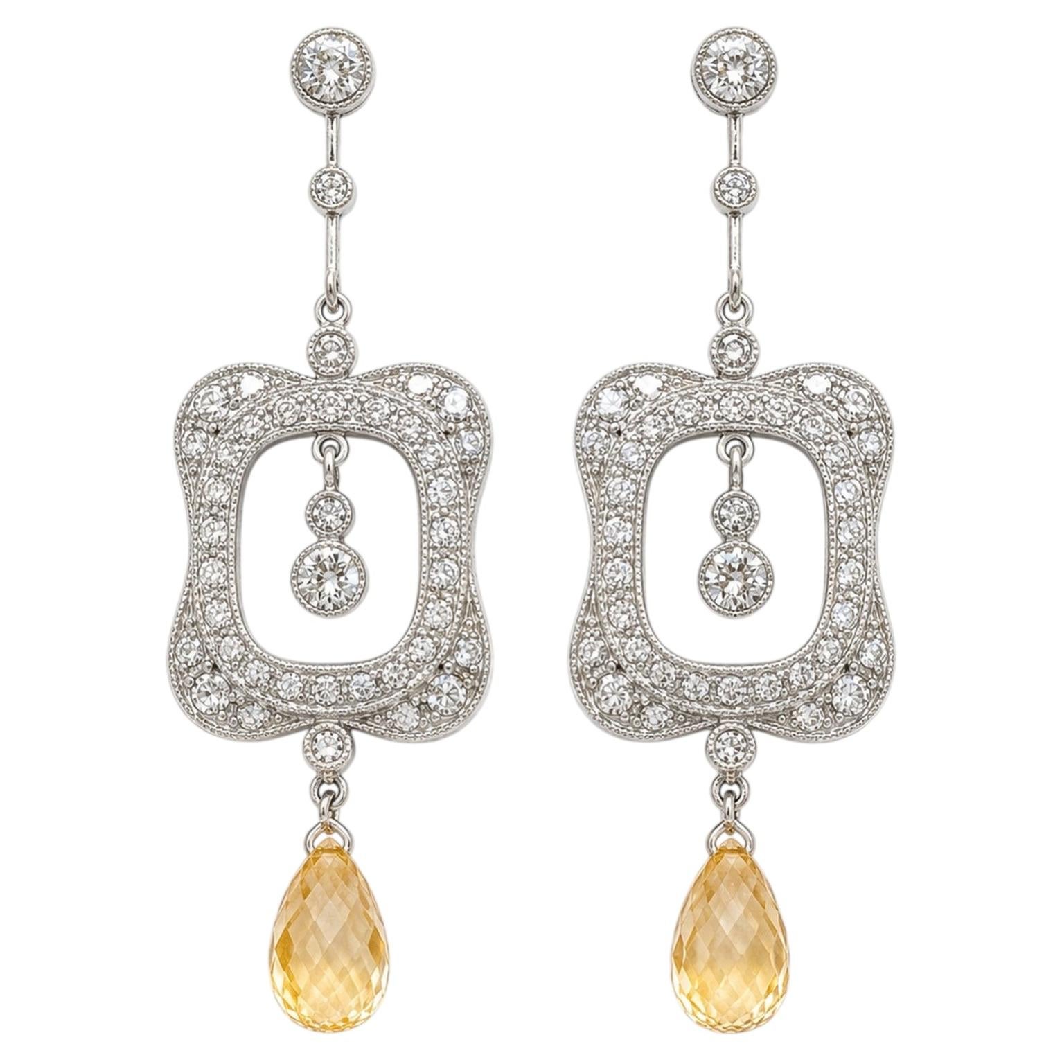 Imperial Topaz & Diamond Art Deco Earrings in Platinum For Sale