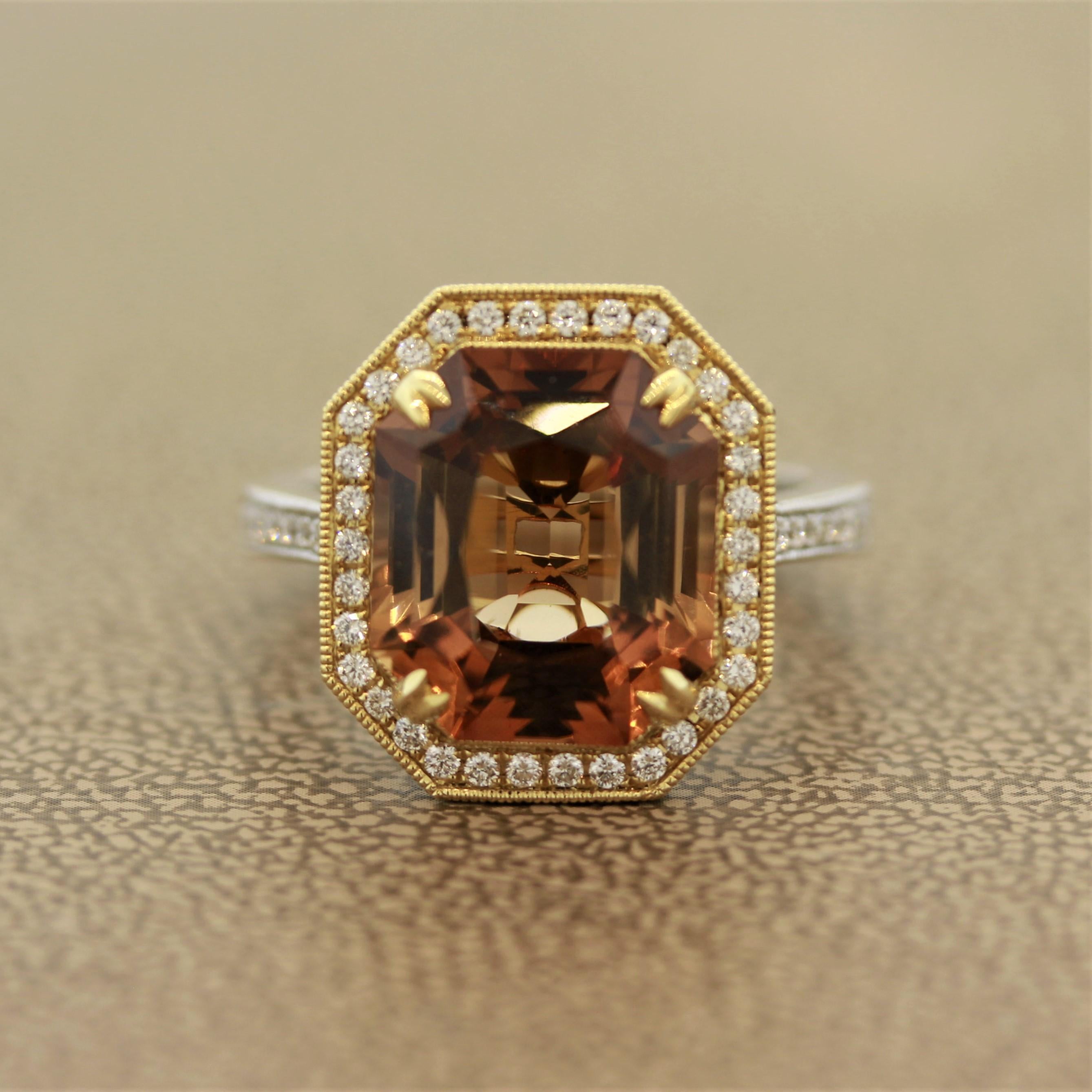 A spectacular imperial topaz weighing 8.60 carats. It is certified by the GIA and has a yellowish-orange color. It is accompanied by 0.60 carats or round brilliant cut diamonds set inn18k white and yellow gold. Imperial is the trade term for topaz