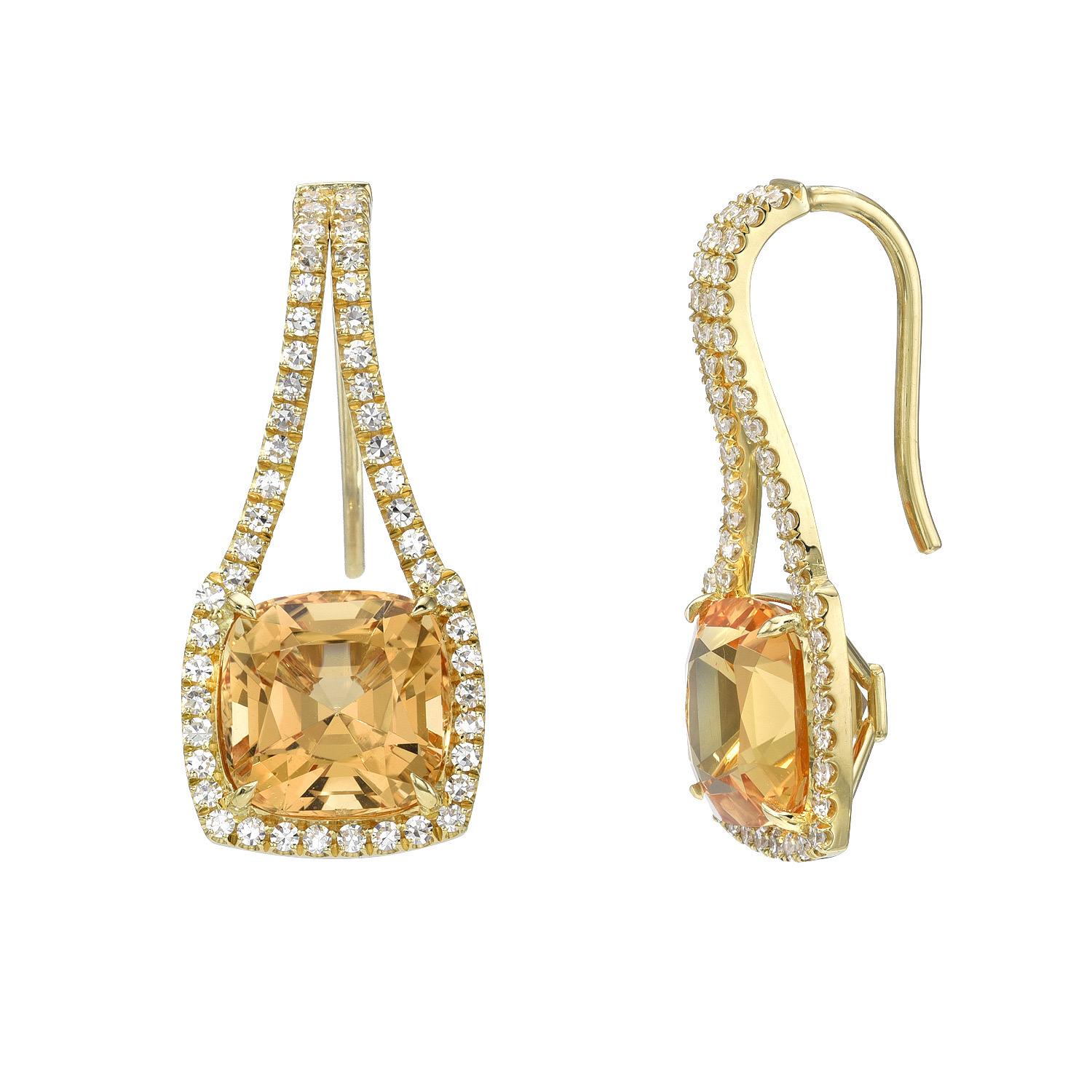 Bright pair of 8.81 carat Imperial Topaz cushion earrings decorated with a total of 0.70 carat single cut collection diamonds.
Crafted by extremely skilled hands in 18K yellow gold.
Returns are accepted and paid by us within 7 days of