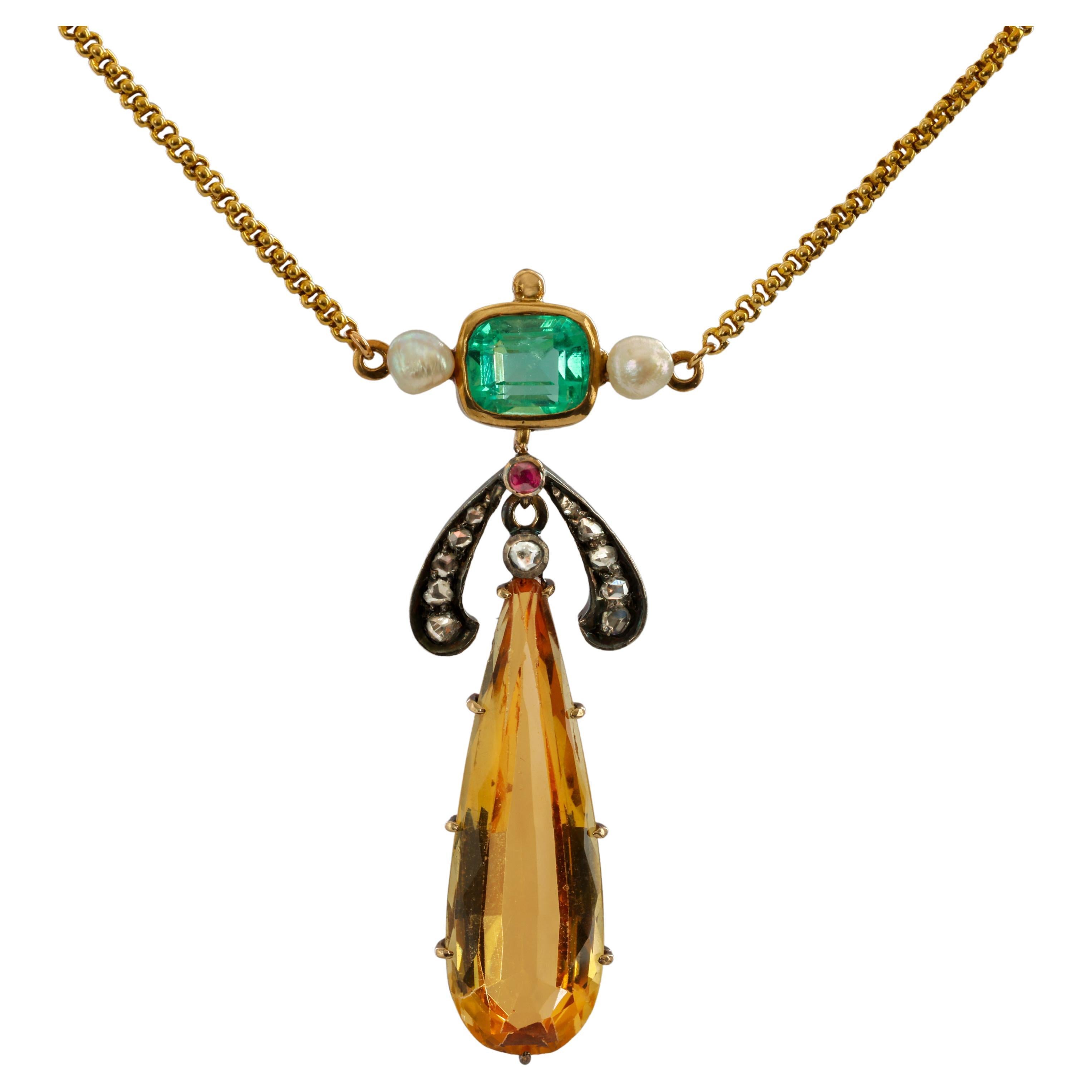 Imperial Topaz & Emerald Necklace Early Art Deco Certified For Sale