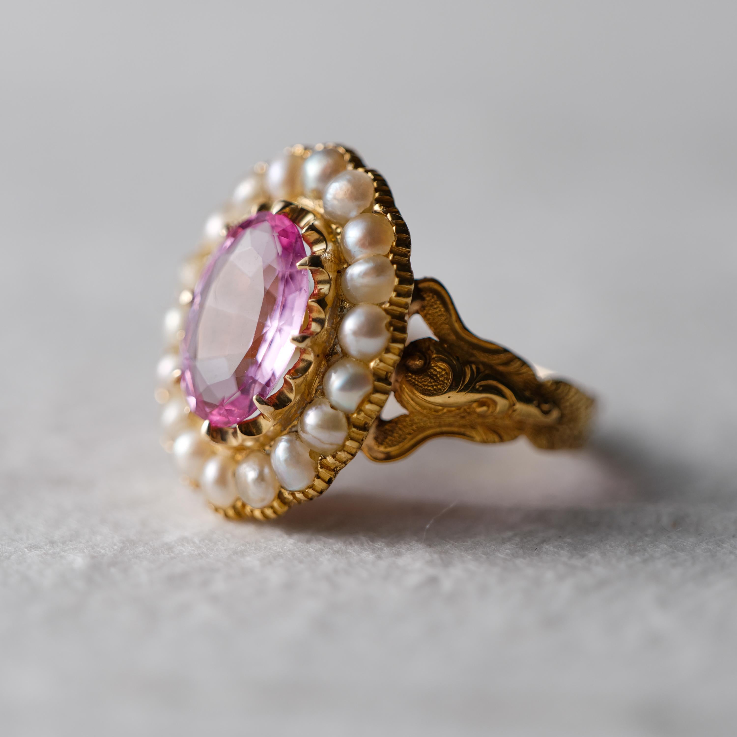 Imperial Topaz & Pearl Gold Ring Certified Untreated, London, 1843 Size 10.5 For Sale 5
