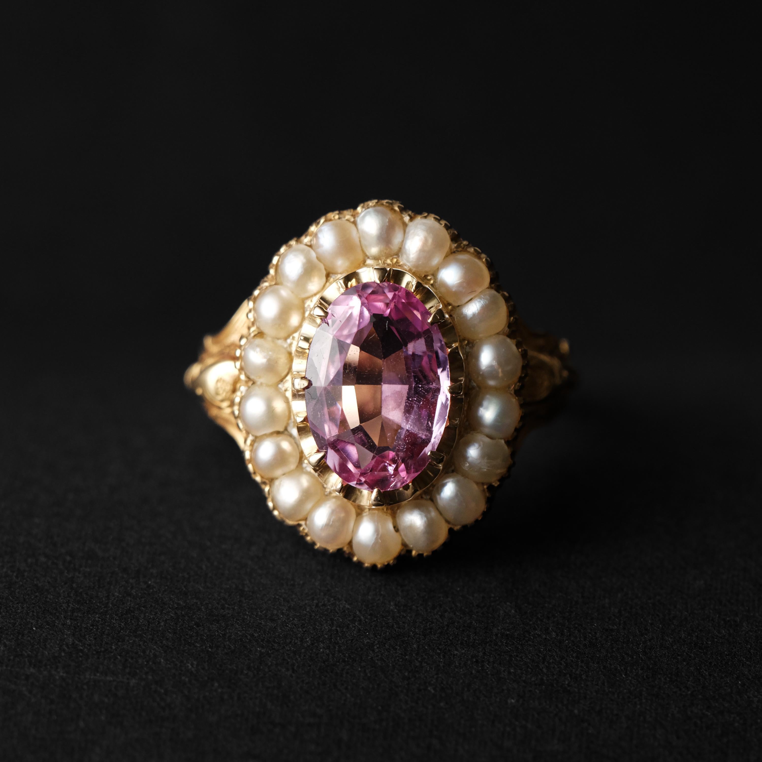 Imperial Topaz & Pearl Gold Ring Certified Untreated, London, 1843 Size 10.5 For Sale 6