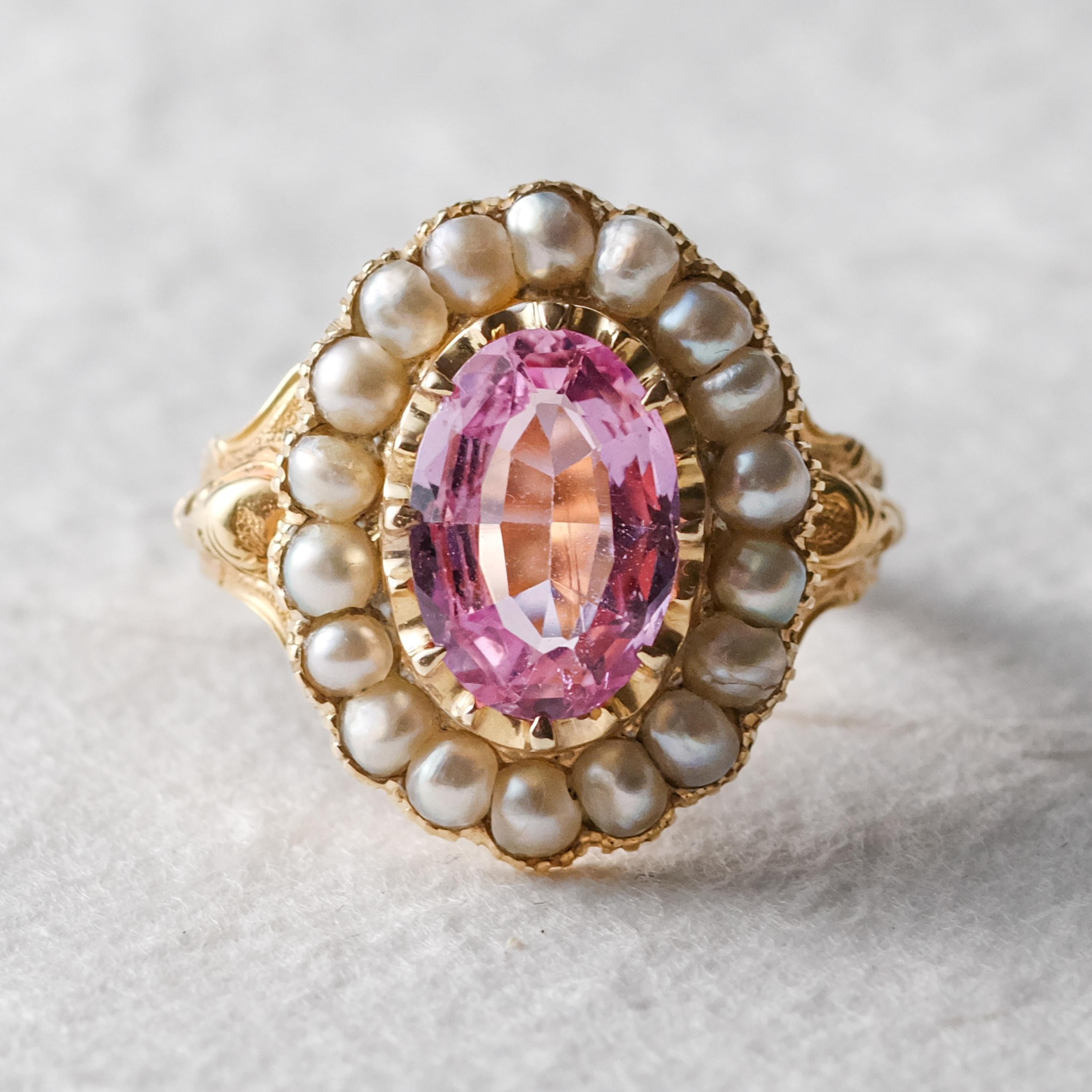 Imperial Topaz & Pearl Gold Ring Certified Untreated, London, 1843 Size 10.5 For Sale 9