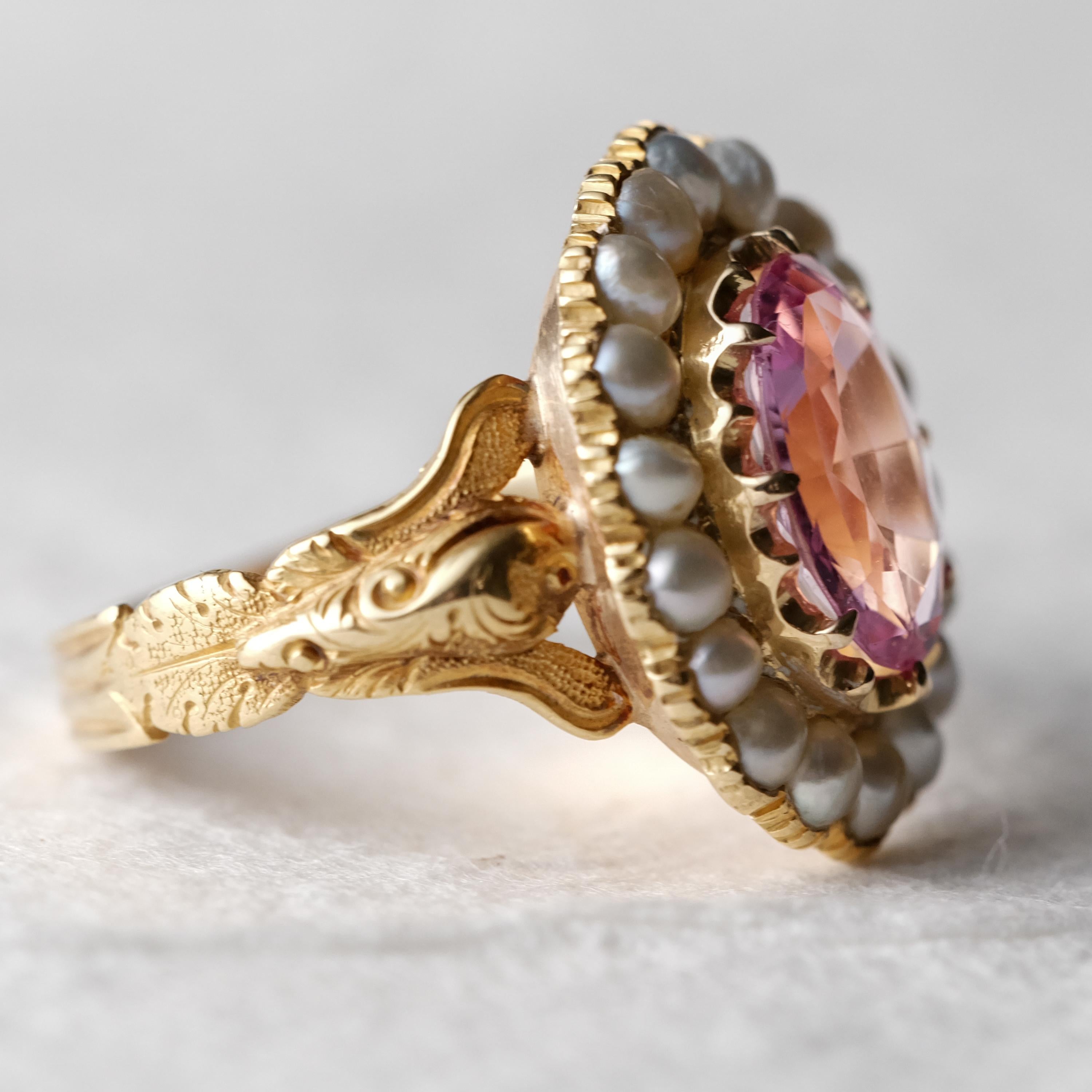 Imperial Topaz & Pearl Gold Ring Certified Untreated, London, 1843 Size 10.5 For Sale 10