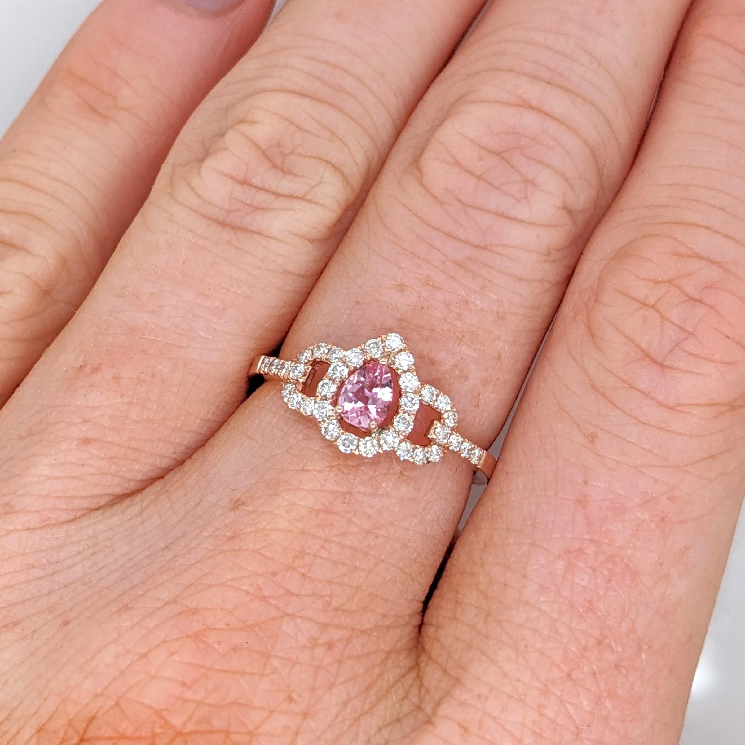 Pear Cut Imperial Topaz Ring w Earth Mined Diamonds in Solid 14K Gold Pear Shape 5x3mm For Sale