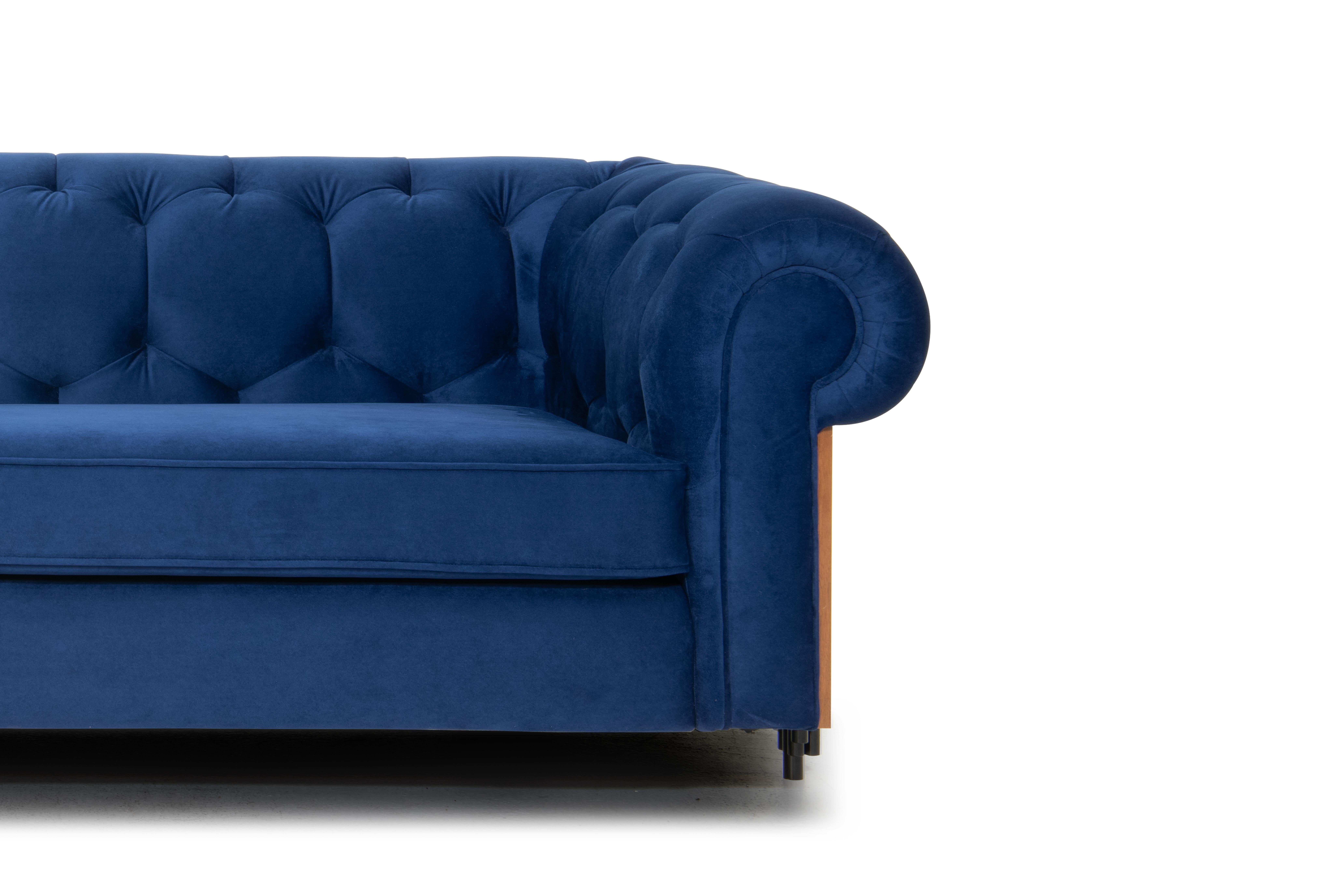 Contemporary Imperial Tufted Sofa 'Blue' with Walnut Side and Back Detail For Sale