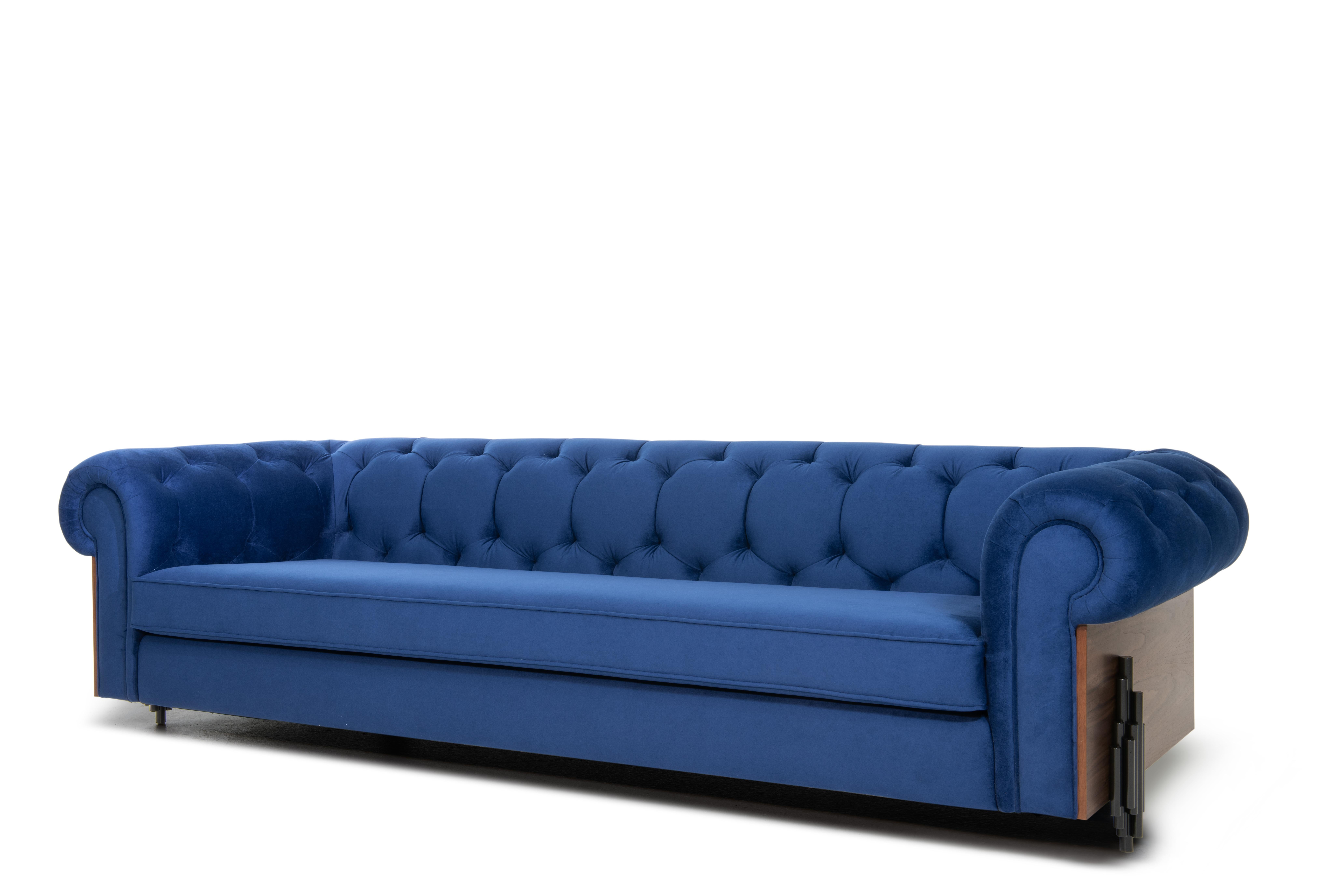 Imperial Tufted Sofa 'Blue' with Walnut Side and Back Detail For Sale 1