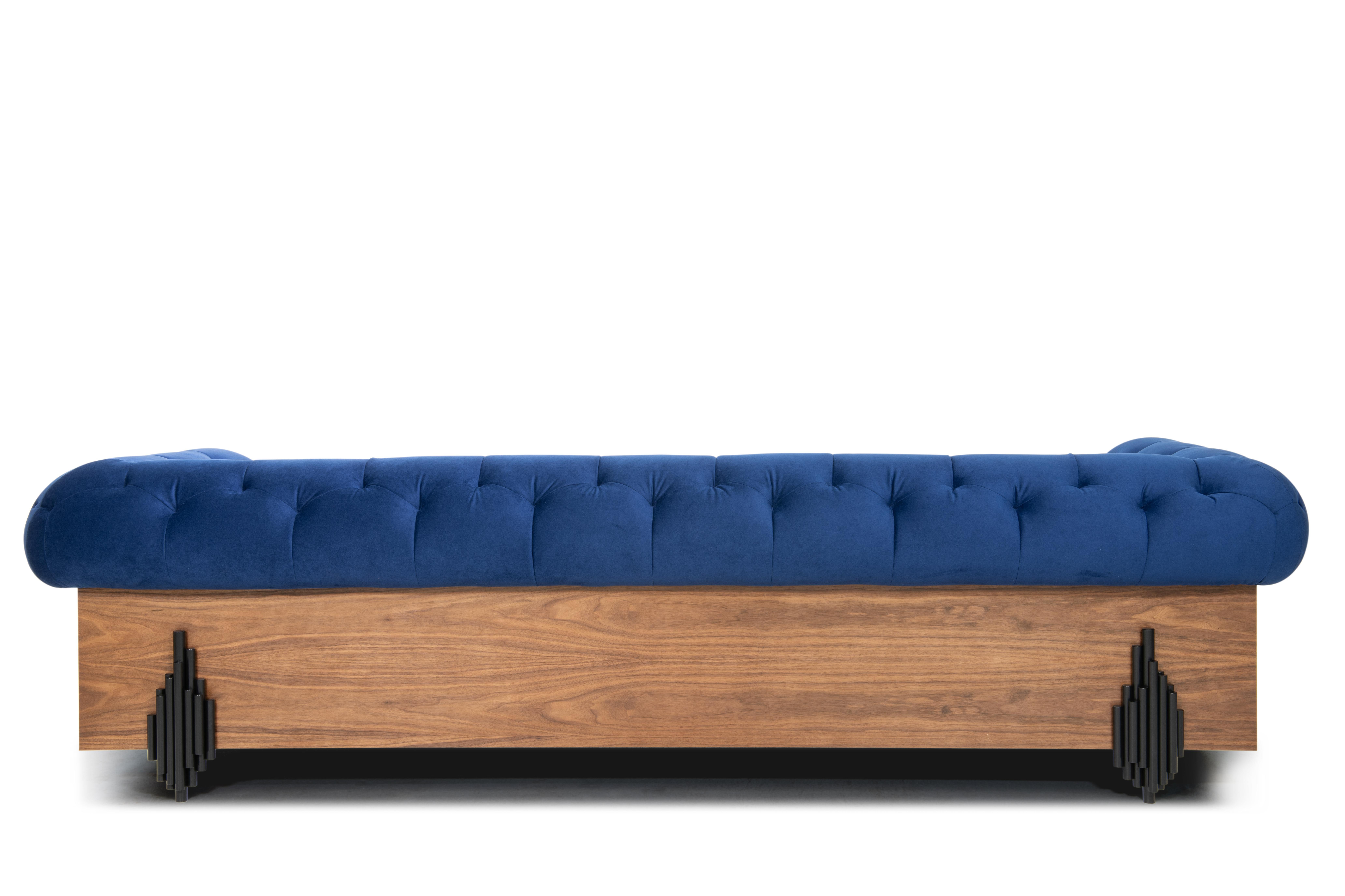 Imperial Tufted Sofa 'Blue' with Walnut Side and Back Detail For Sale 2