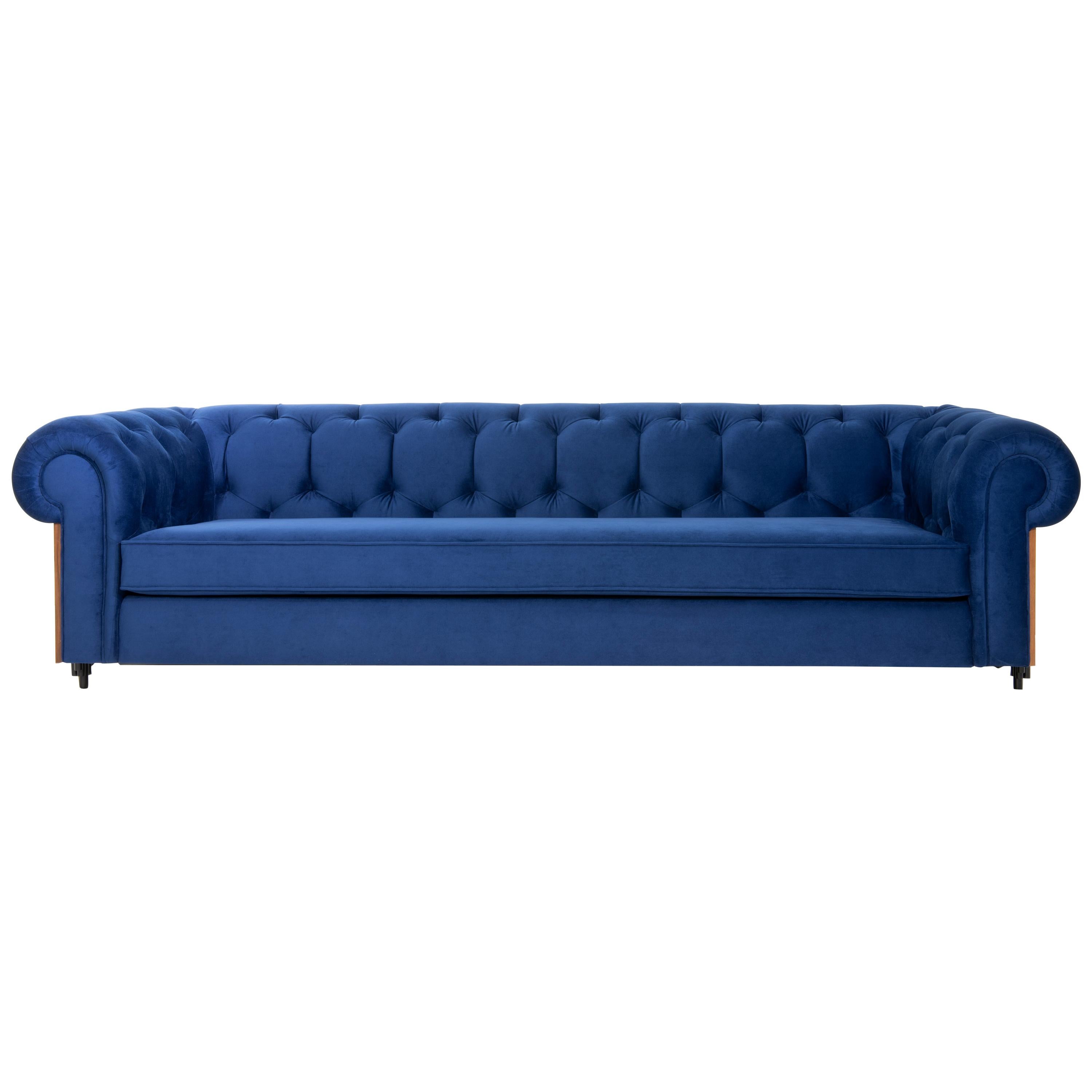 Imperial Tufted Sofa 'Blue' with Walnut Side and Back Detail For Sale