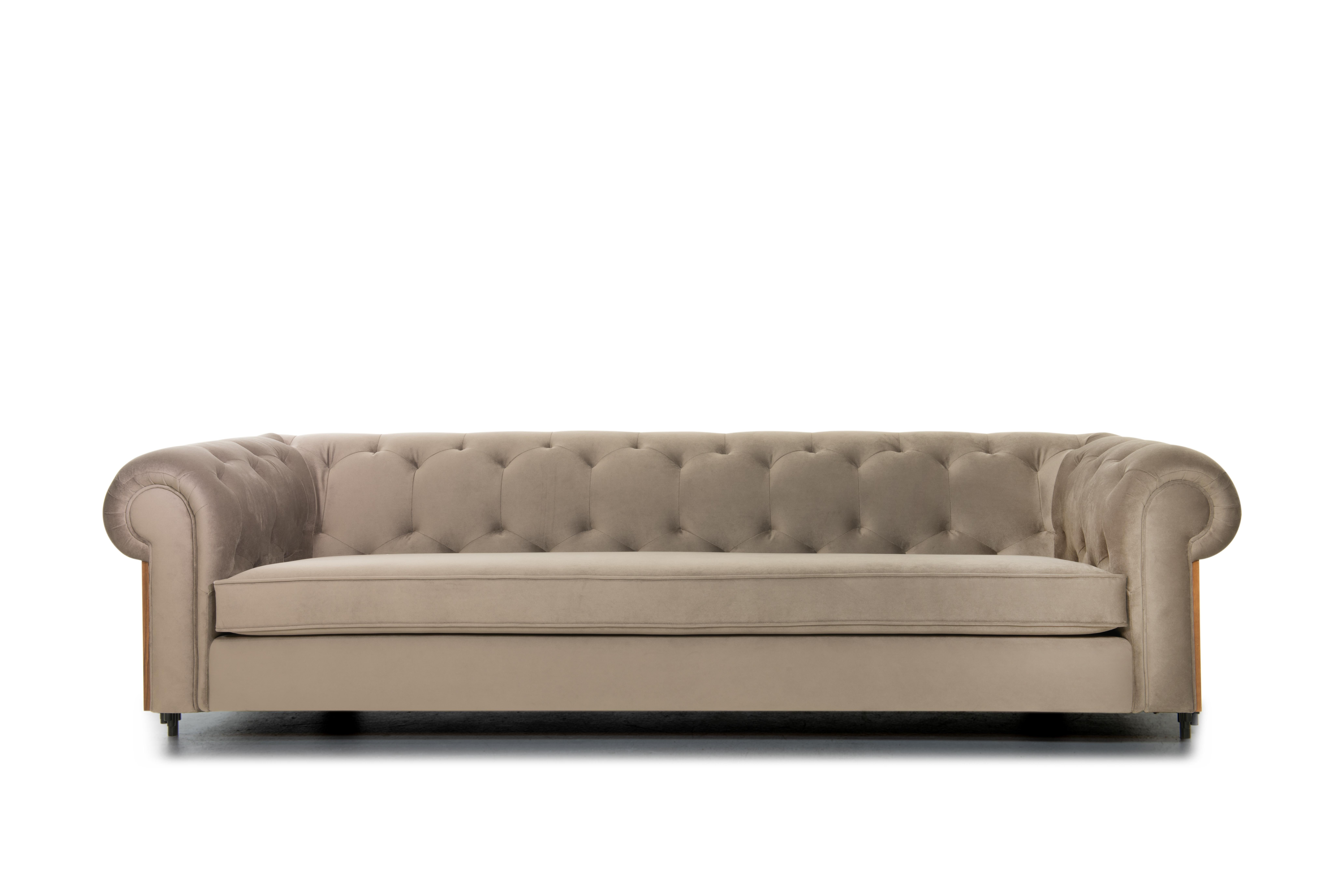 Imperial Tufted Sofa 'Taupe' with Walnut Side and Back Detail In New Condition For Sale In Union City, NJ