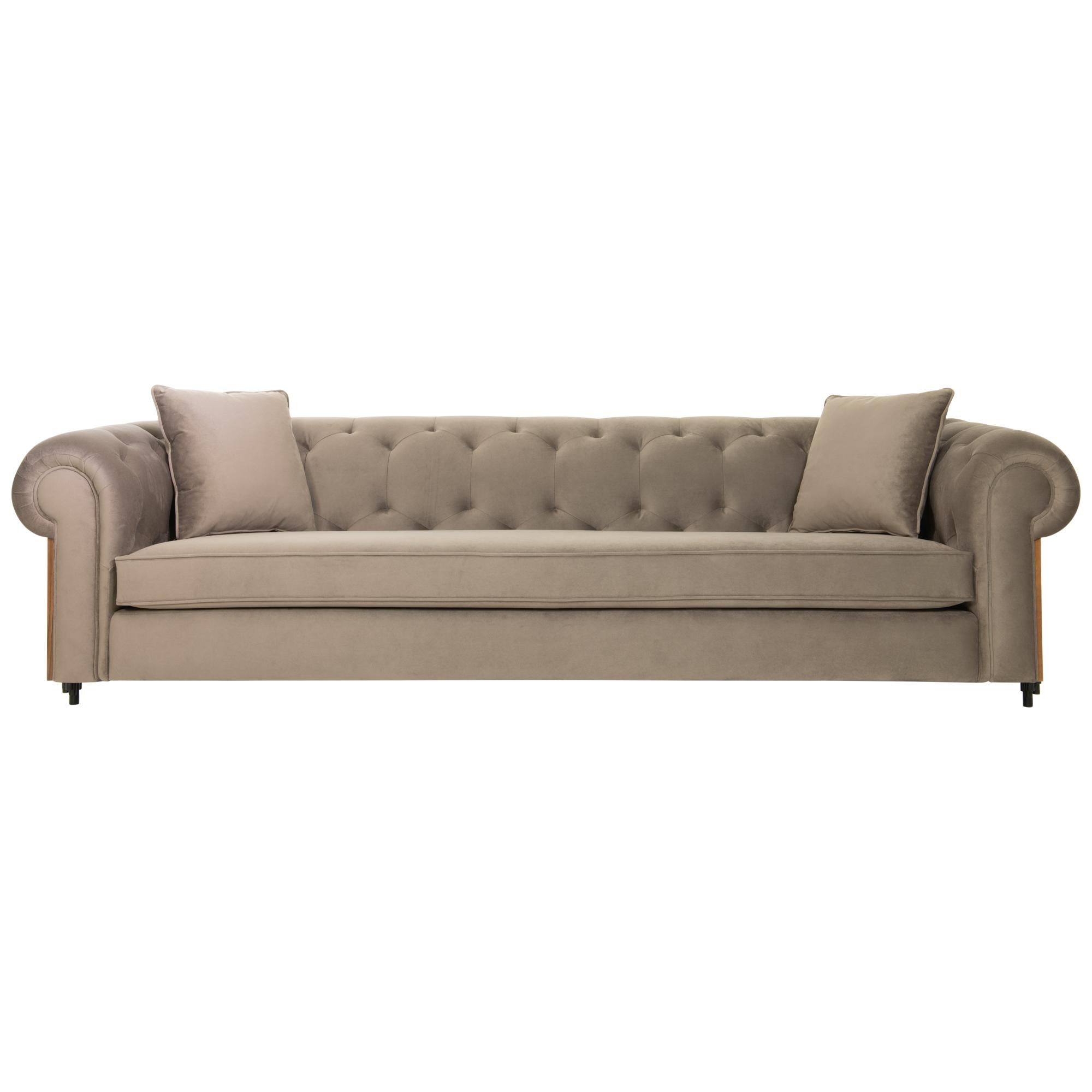 Imperial Tufted Sofa 'Taupe' with Walnut Side and Back Detail For Sale