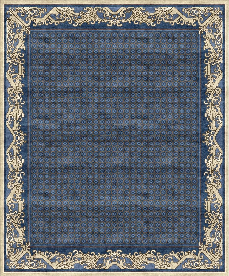 Blue Chinoiserie Traditional Hand Knotted Wool Silk Rug Imperial