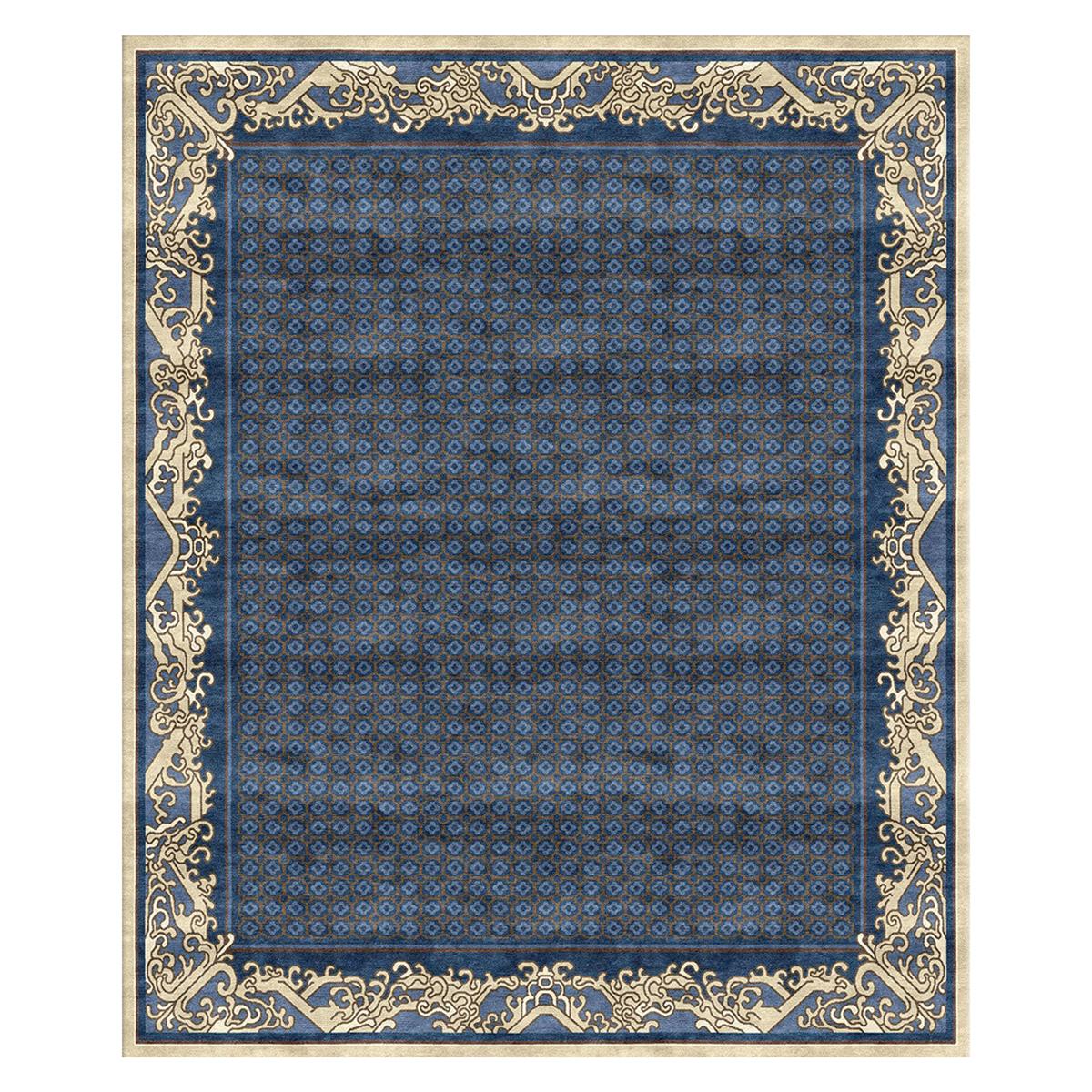 Blue Chinoiserie Traditional Hand Knotted Wool Silk Rug - Imperial Waves Lapis For Sale