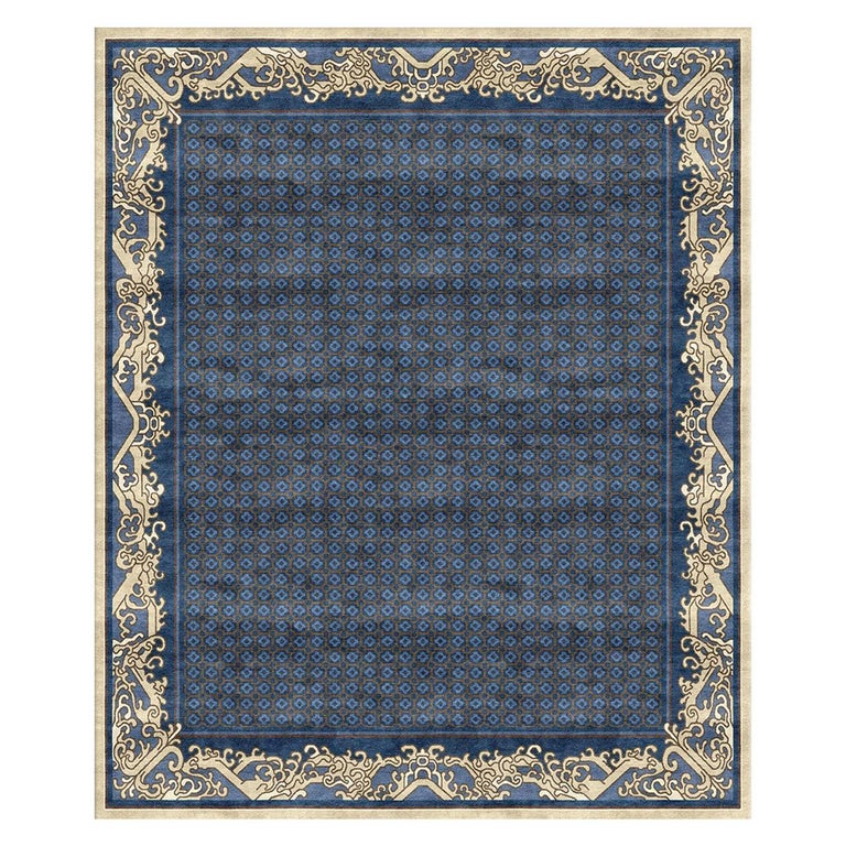Blue Chinoiserie Traditional Hand Knotted Wool Silk Rug Imperial