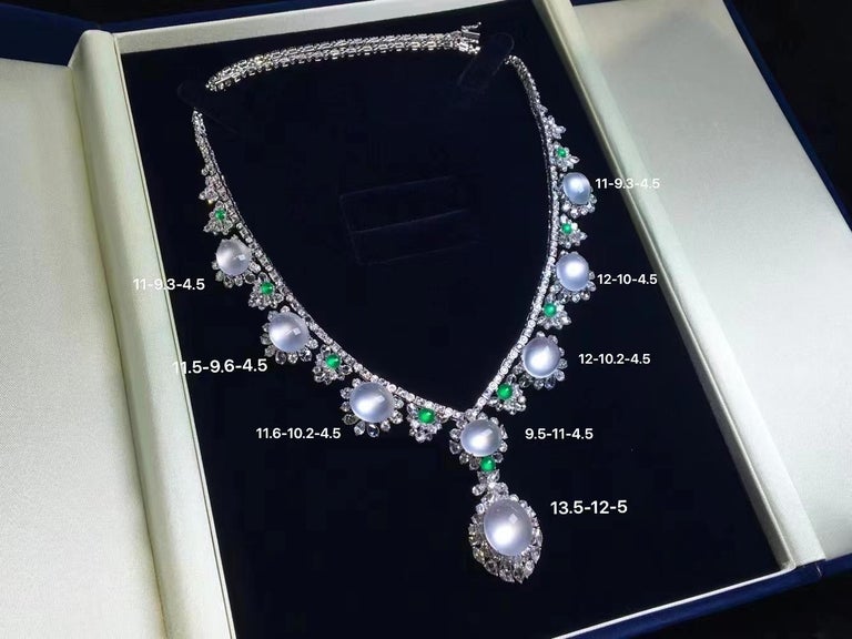 Imperial White Jadeite Cabochon and Diamond Necklace In Excellent Condition For Sale In Macau, MO