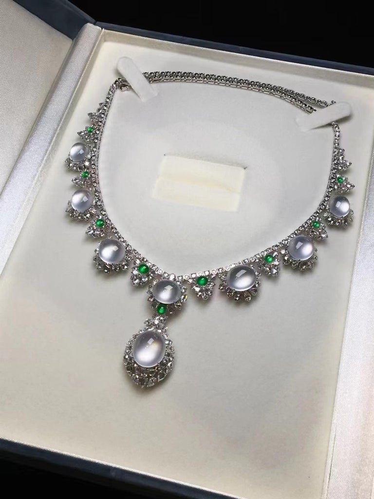 Women's or Men's Imperial White Jadeite Cabochon and Diamond Necklace For Sale