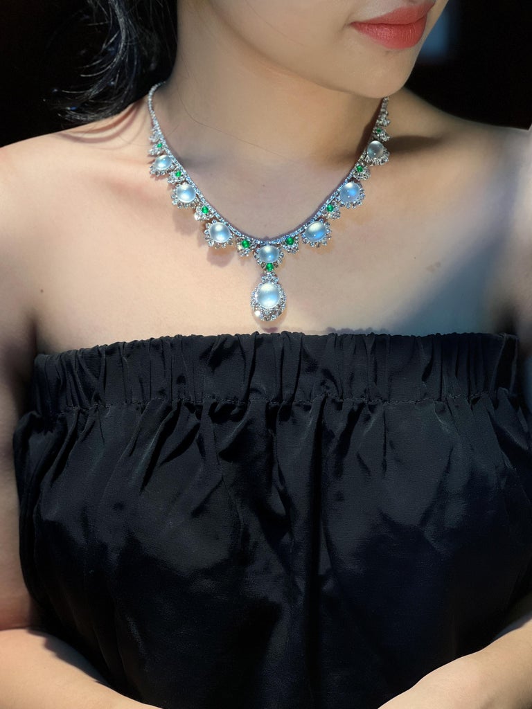 Imperial White Jadeite Cabochon and Diamond Necklace For Sale 1