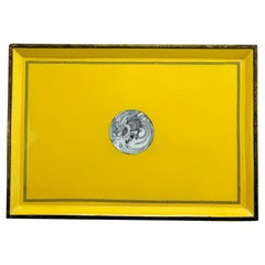 Imperial-Yellow Japanese Cloisonné Enamel Tray with Phoenix Medallion, Showa Era