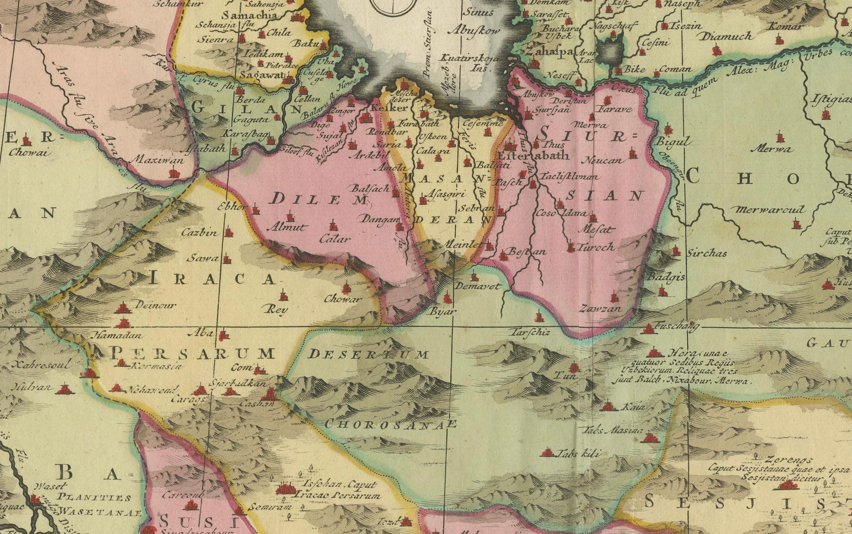 Gravé Delineatio Persici : chef-d'œuvre cartographique de Perse de 1722 par Schenk en vente