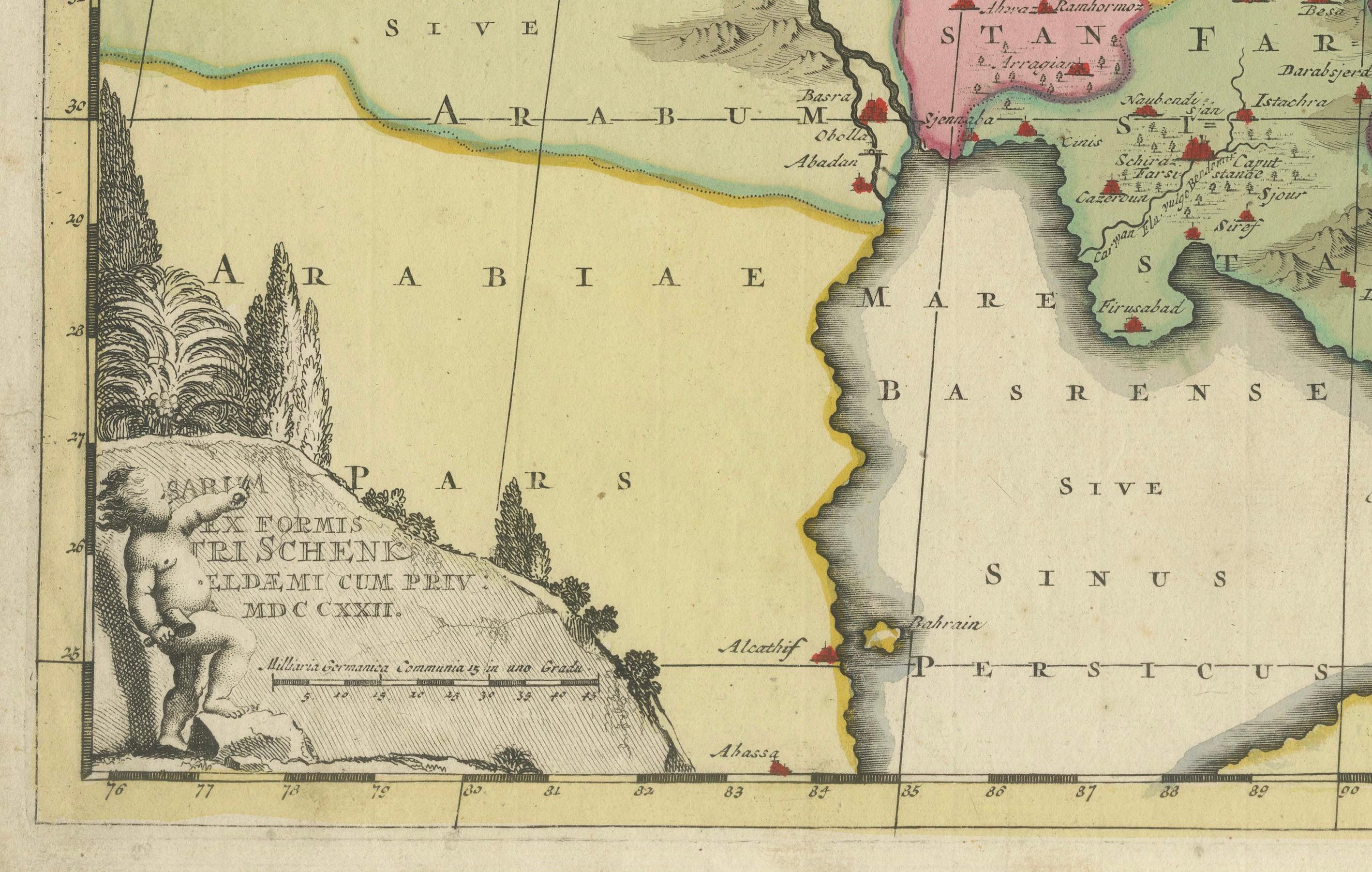 Delineatio Persici : chef-d'œuvre cartographique de Perse de 1722 par Schenk Bon état - En vente à Langweer, NL