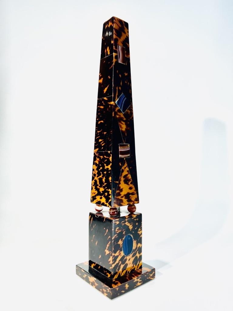 French Imperio Obelisk in Tortoiseshell Inlaid with Semi-Precious Stones For Sale