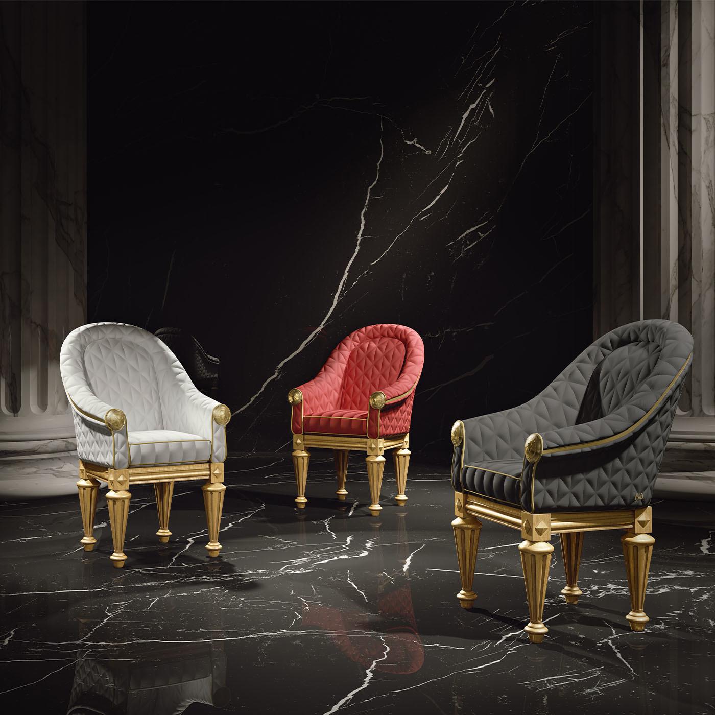 A superb homage to the opulence of Ancient Rome, this lavish armchair will stand out in any living room or private lounge decor. The seat, enveloping backrest, and flowing armrests are generously padded and upholstered in quilted, black leather that