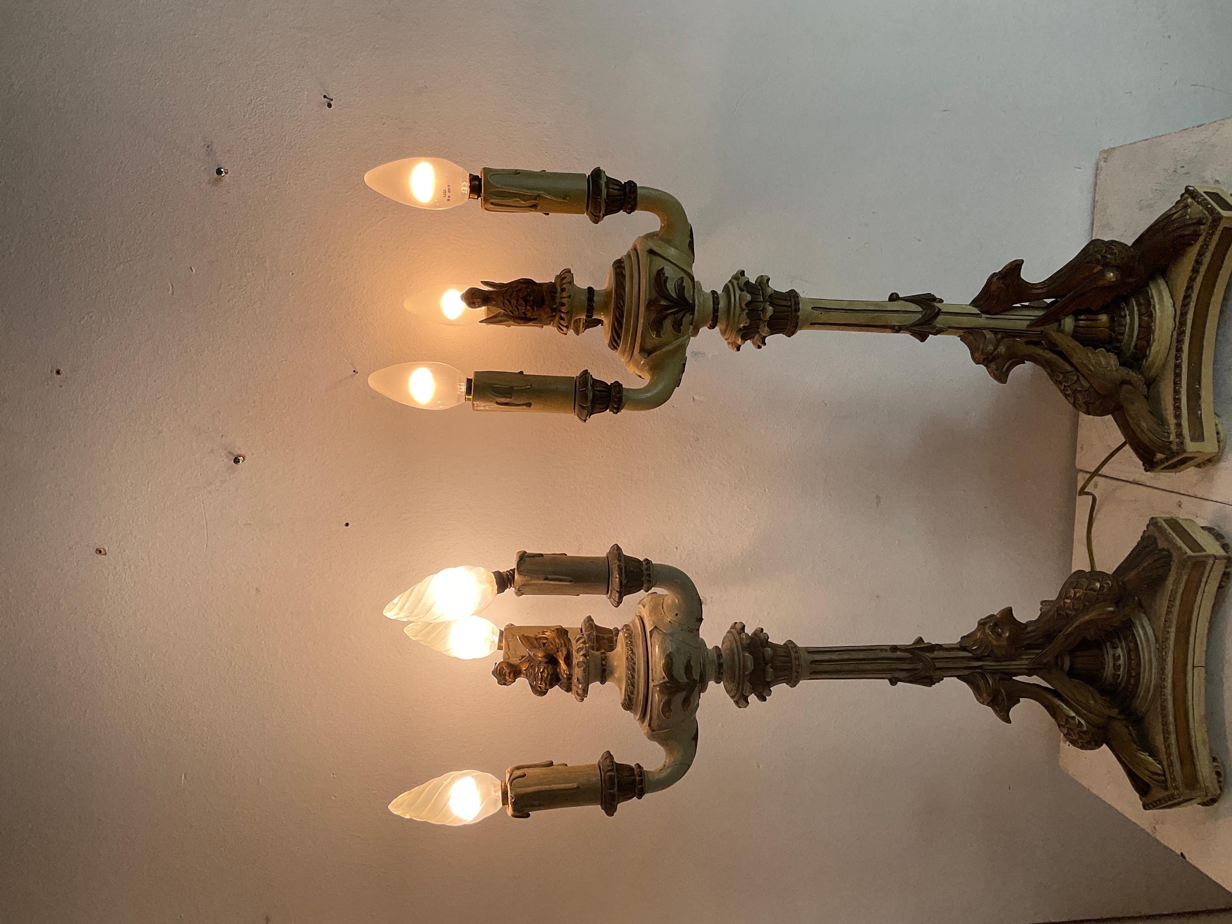 Italian Impero  style Lacquered and gilded wood candlesticks from the late 1800s For Sale