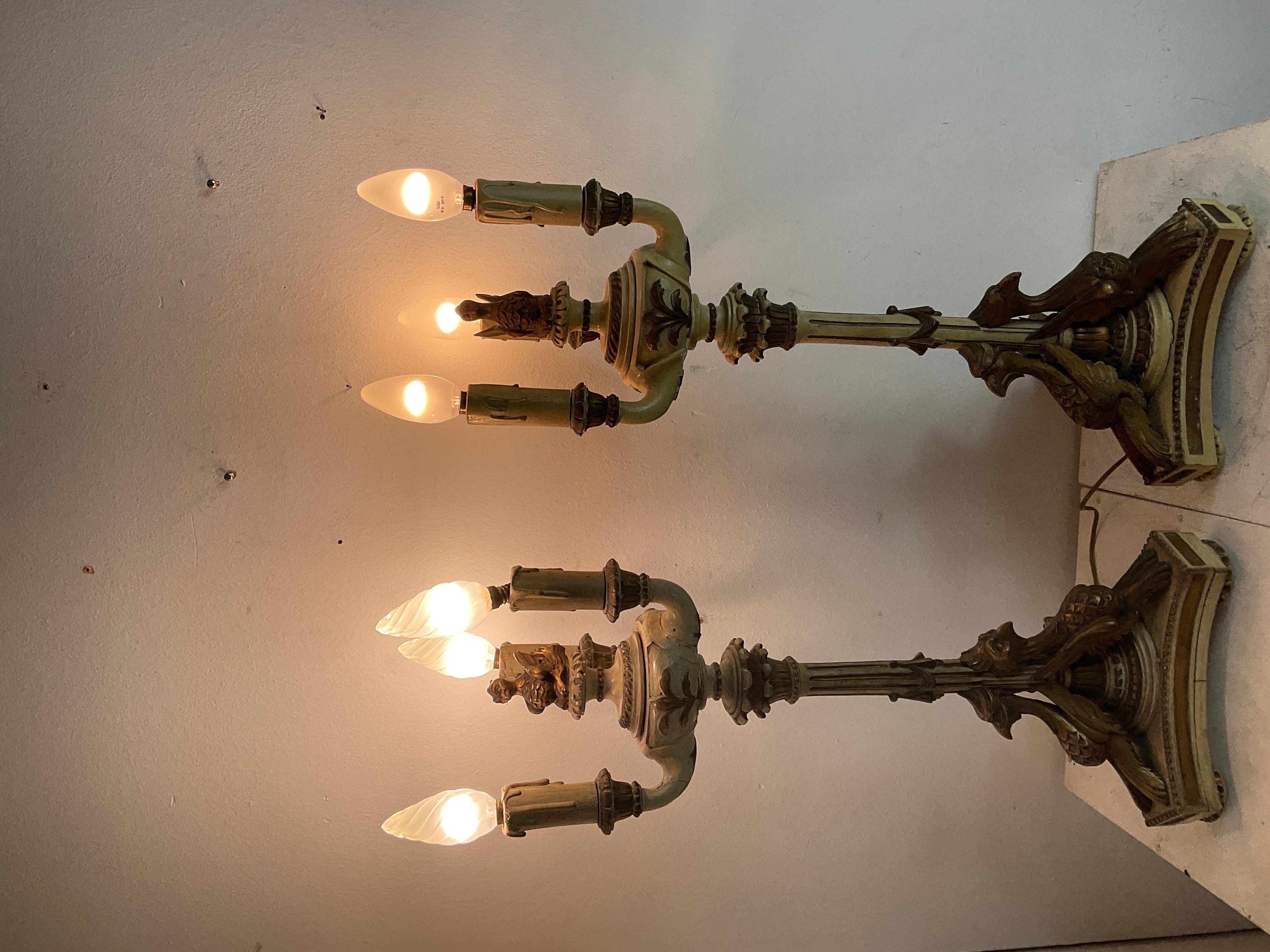 Late 19th Century Impero  style Lacquered and gilded wood candlesticks from the late 1800s For Sale