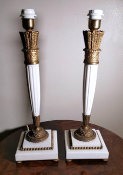 Empire Style Pair of Lamps White Rare Carrara Marble and Gilded Bronze