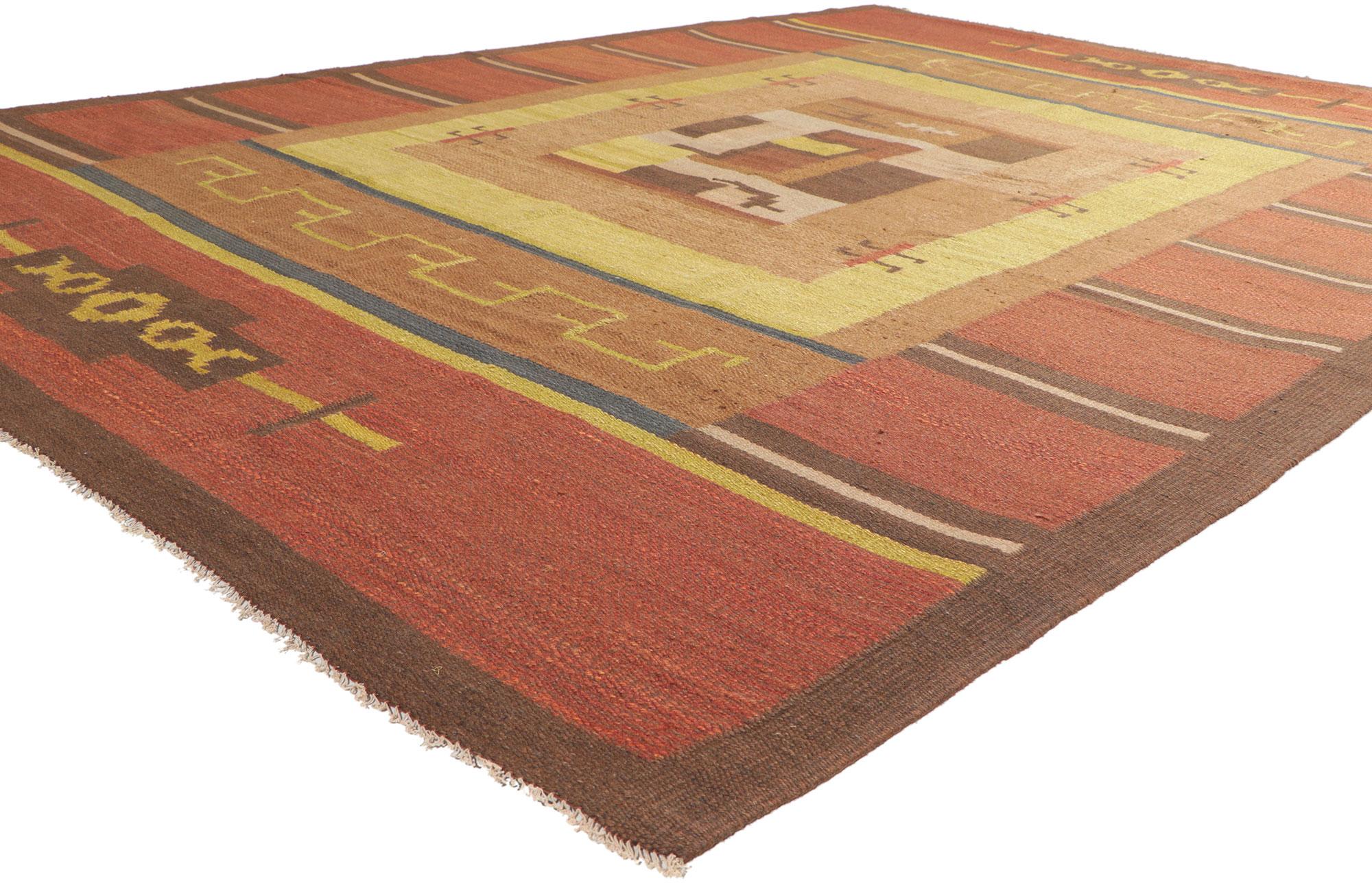 784867 Impi Sotavalta Vintage Finnish Flatweave Rug, 07'0 x 09'10. Bauhaus simplicity meets stylized Art Deco in this handwoven Finnish flatweave rug. The eye-catching geometric design and earthy colorway woven into this piece work together creating