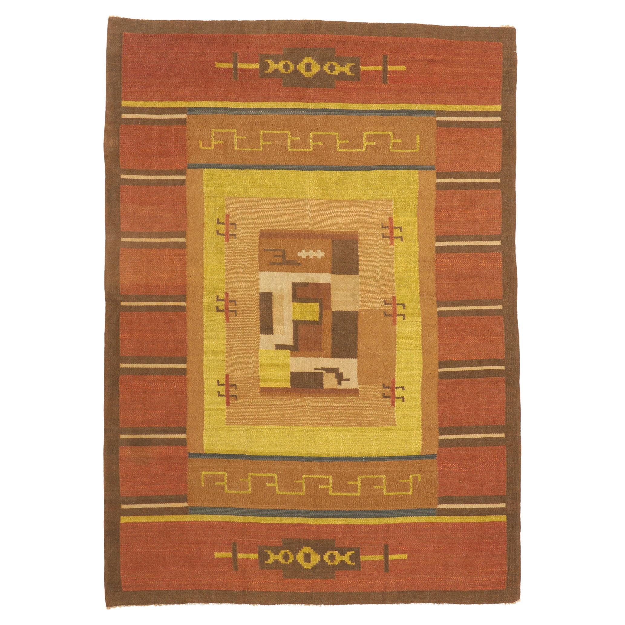 Impi Sotavalta Art Deco Bauhaus Finnish Flatweave Rug, Earth-Tone Colors For Sale