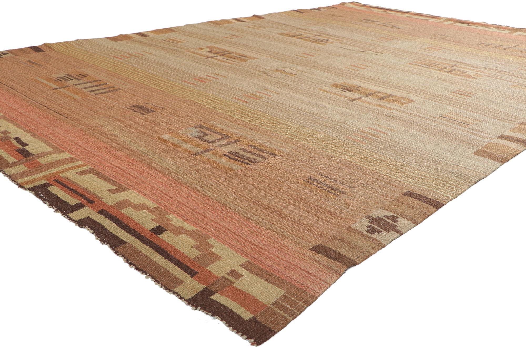 78464 Impi Sotavalta Finnish Flatweave Rug, 06'04 x 09'09. Bauhaus simplicity meets stylized Art Deco in this handwoven Finnish flatweave rug. The eye-catching Biophilic Design and earthy colorway woven into this piece work together creating a truly