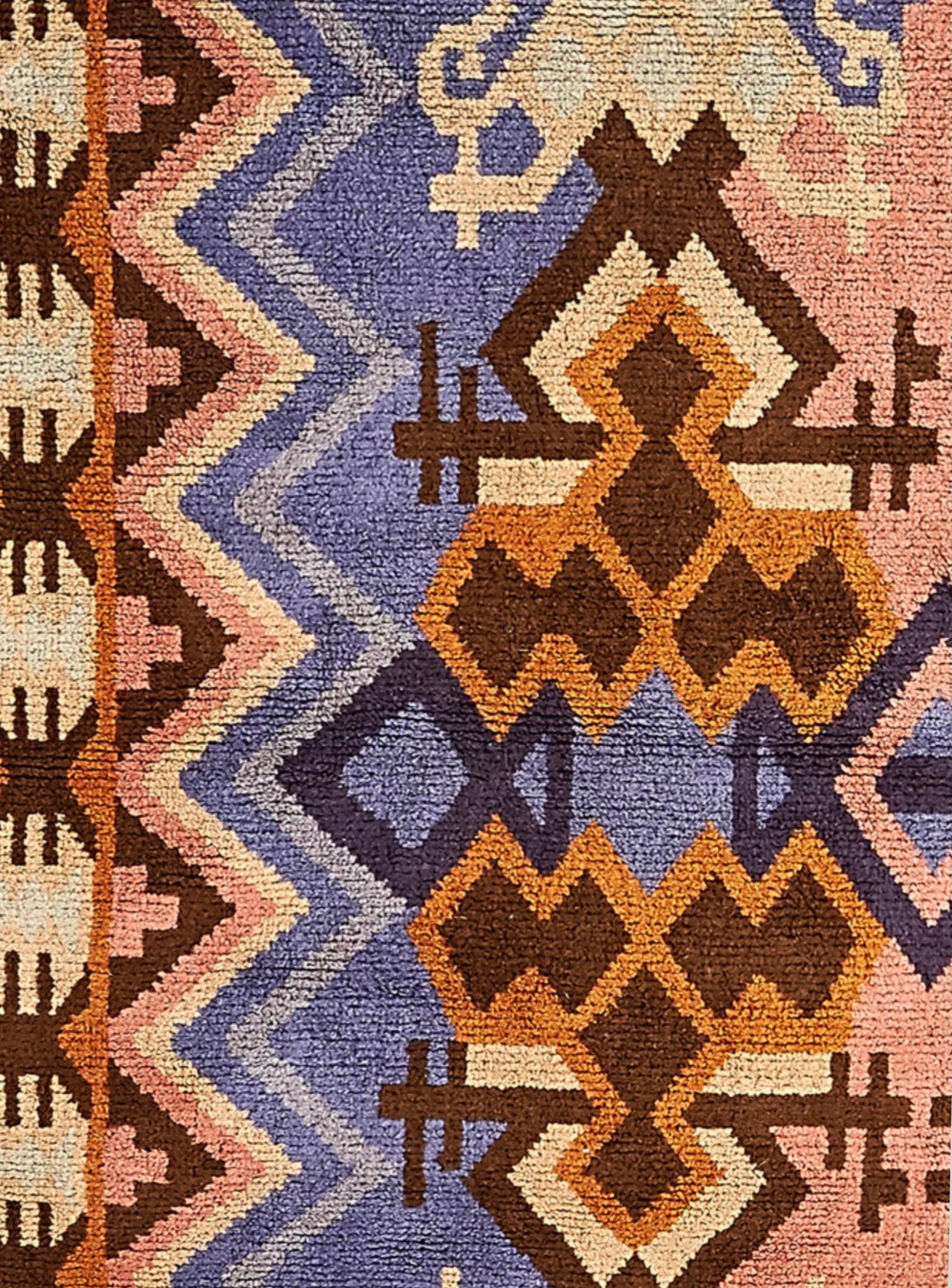 Impi Sotavalta (1885-1943) Finnish hand-woven wool lavender and marigold geometric ray rug, c. 1928, Finland. Gorgeous thick pile. Rare, divine color combination.