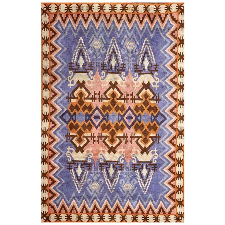 Impi Sotavalta Finnish Hand-Woven Lavender and Marigold Geometric Ray Rug, 1920s In Fair Condition For Sale In Brooklyn, NY