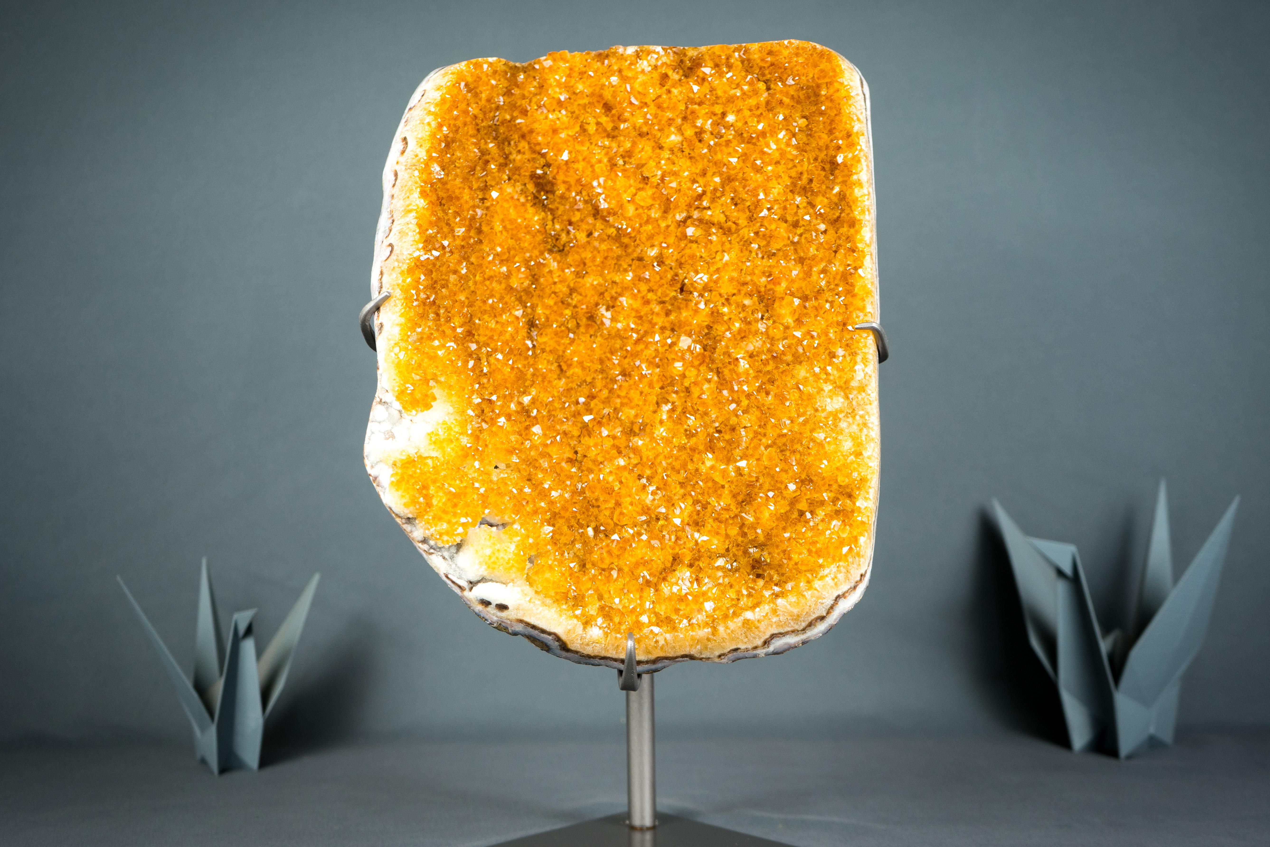 Brazilian Imponent Orange Citrine Cluster with Sparkly Galaxy Druzy on Custom Stand For Sale
