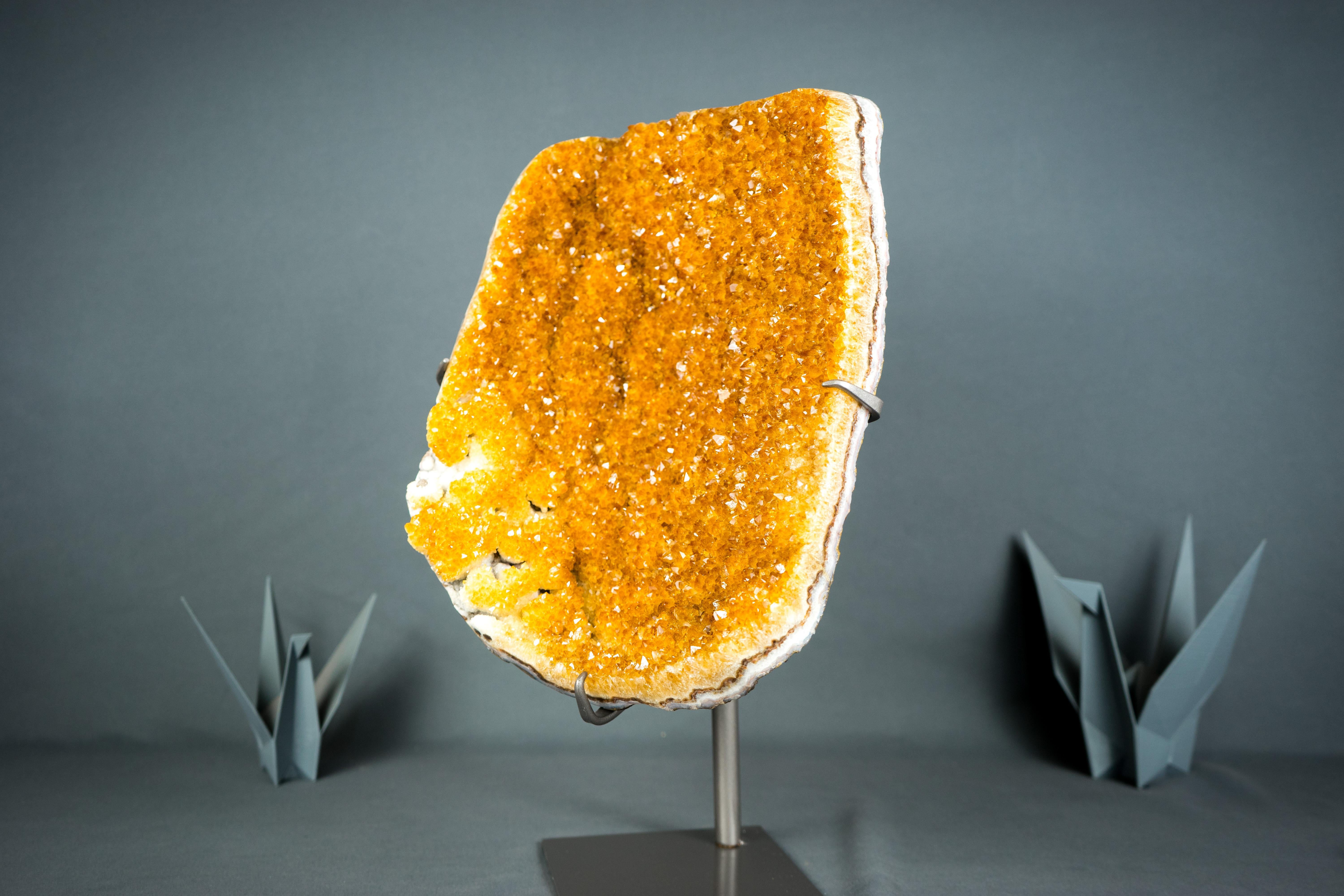 Contemporary Imponent Orange Citrine Cluster with Sparkly Galaxy Druzy on Custom Stand For Sale