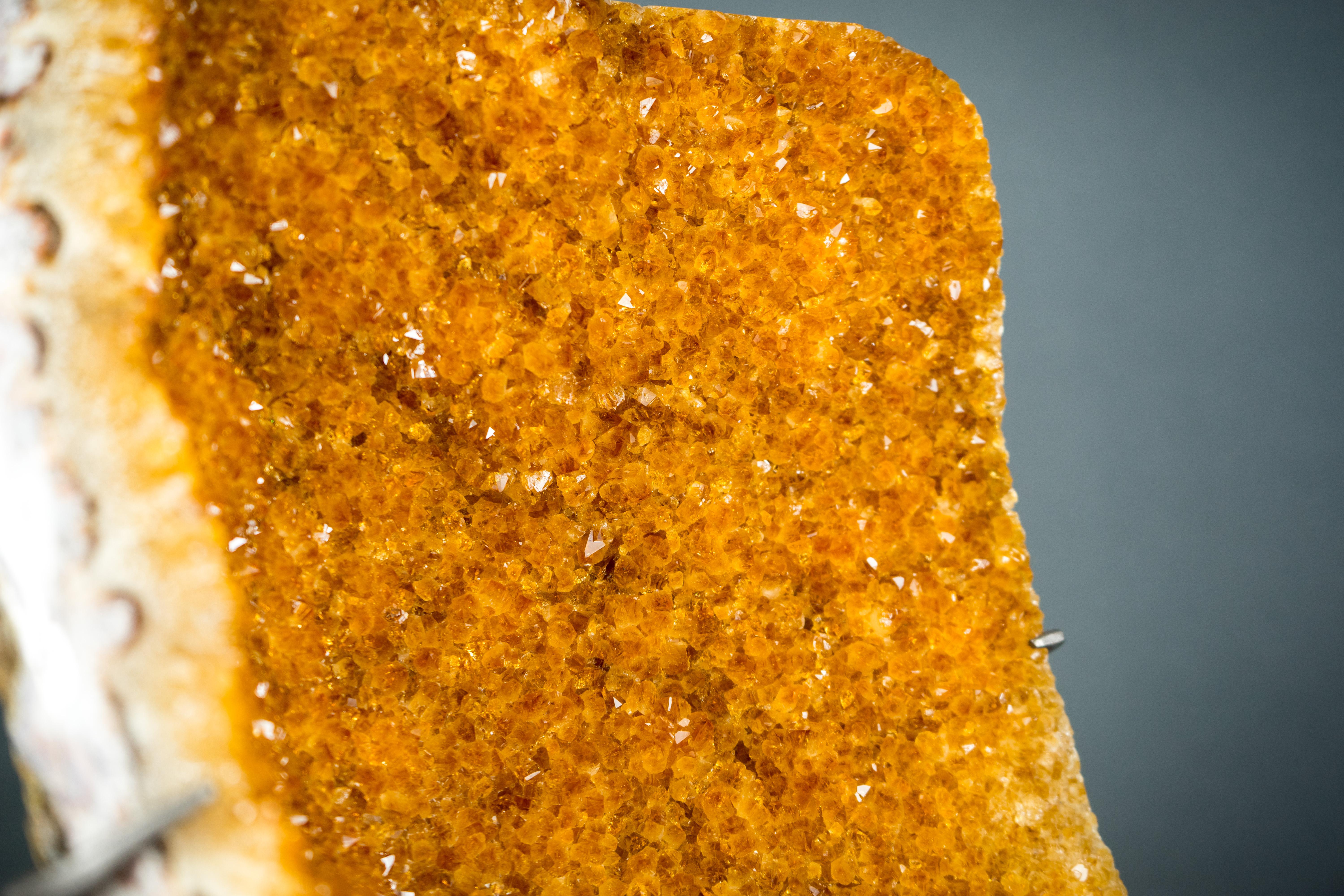 Crystal Imponent Orange Citrine Cluster with Sparkly Galaxy Druzy on Custom Stand For Sale