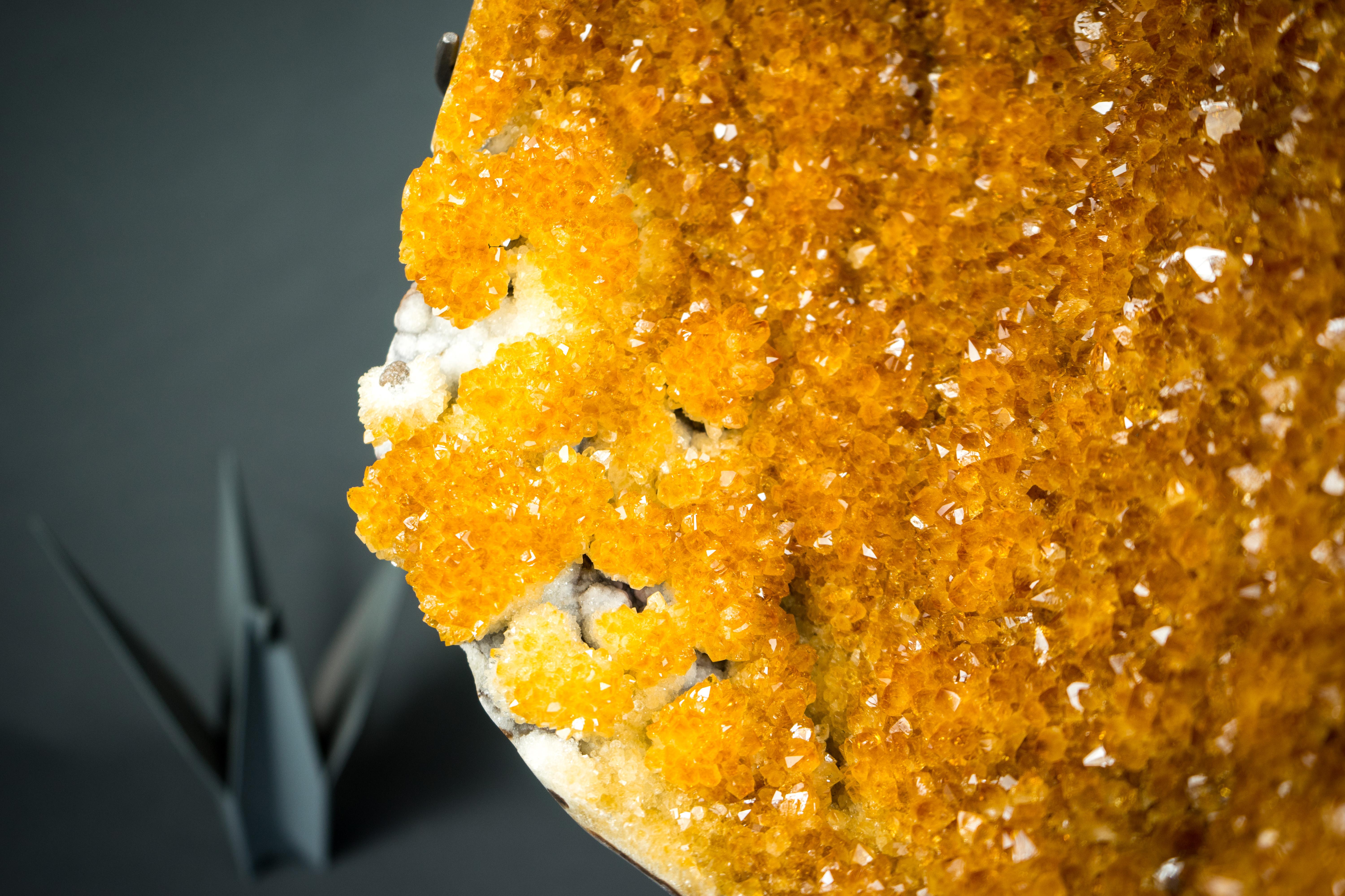 Imponent Orange Citrine Cluster with Sparkly Galaxy Druzy on Custom Stand For Sale 1