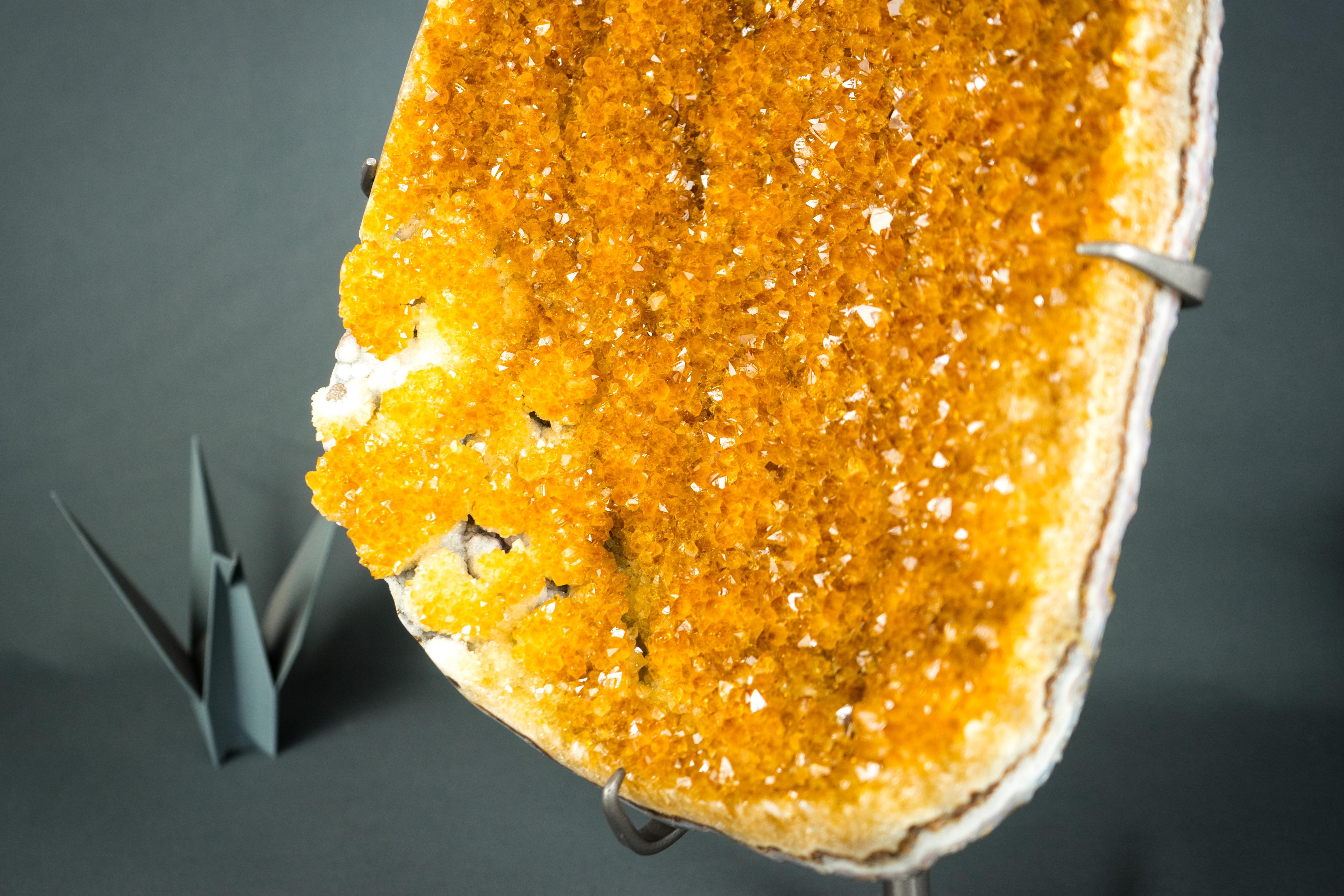 Imponent Orange Citrine Cluster with Sparkly Galaxy Druzy on Custom Stand For Sale 3