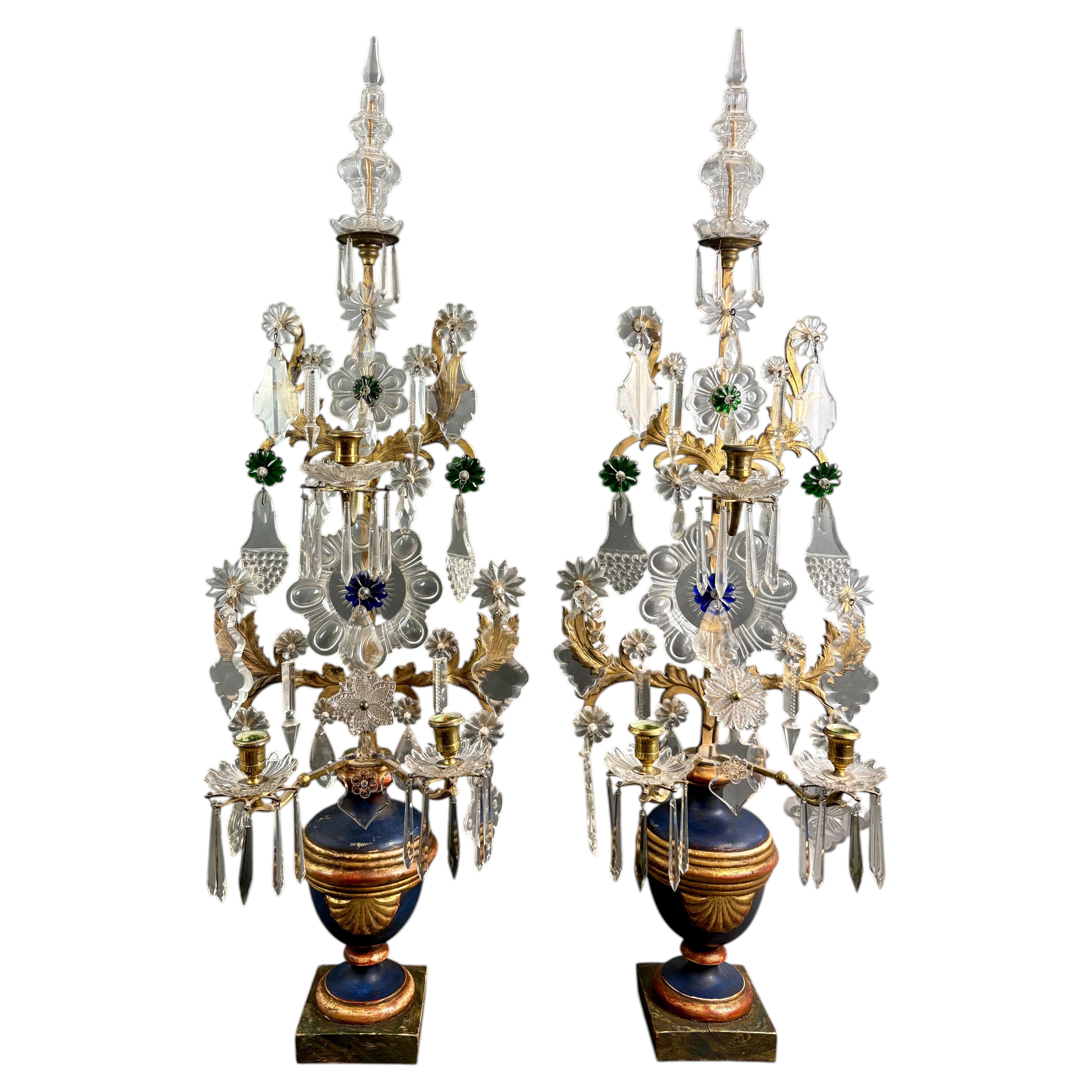 Imposing Pair of Louis XVI Crystal Gilt Bronze Pinwheel Candelabra