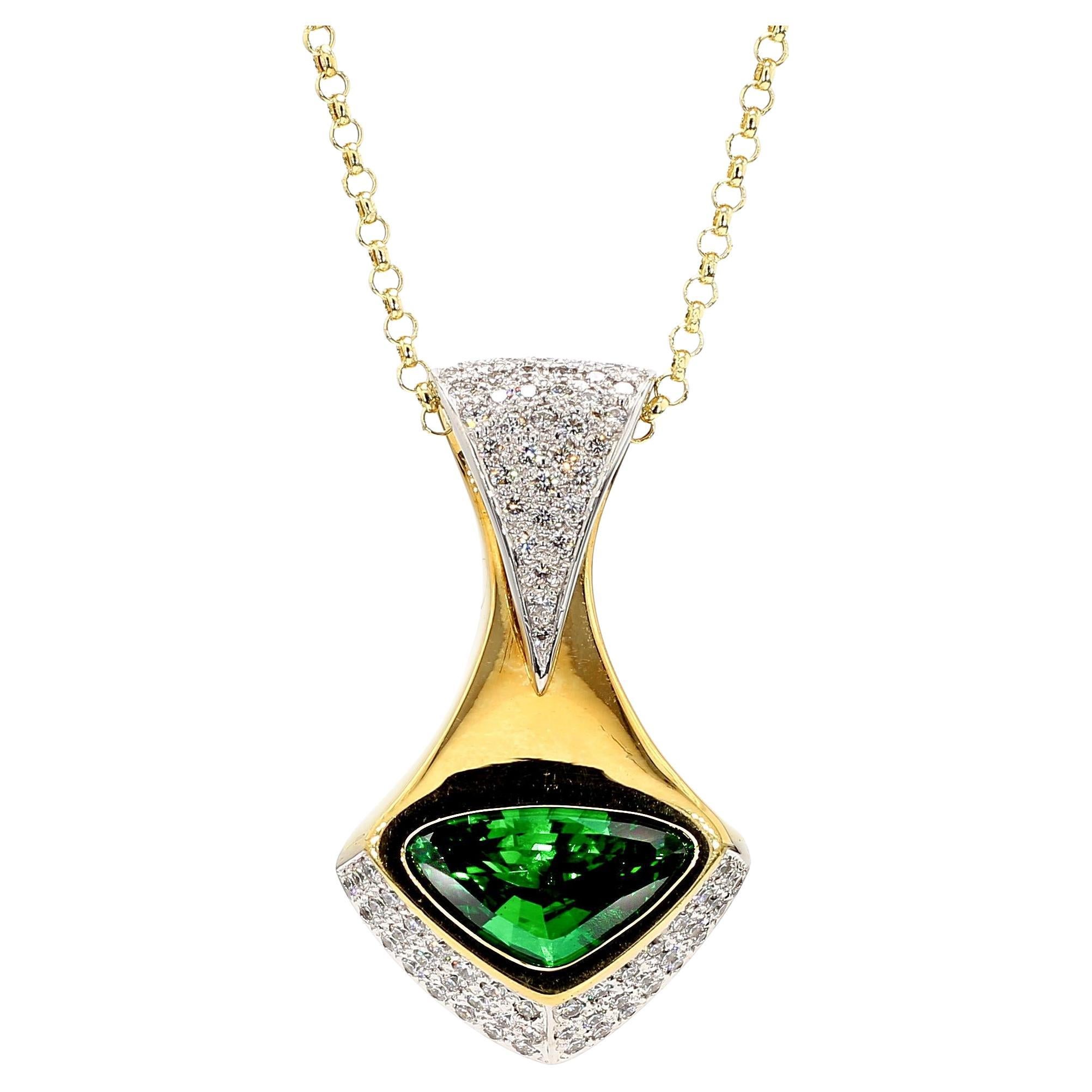 Important 11 Carat Vivid Green Tsavorite 18K Gold Pendant Necklace