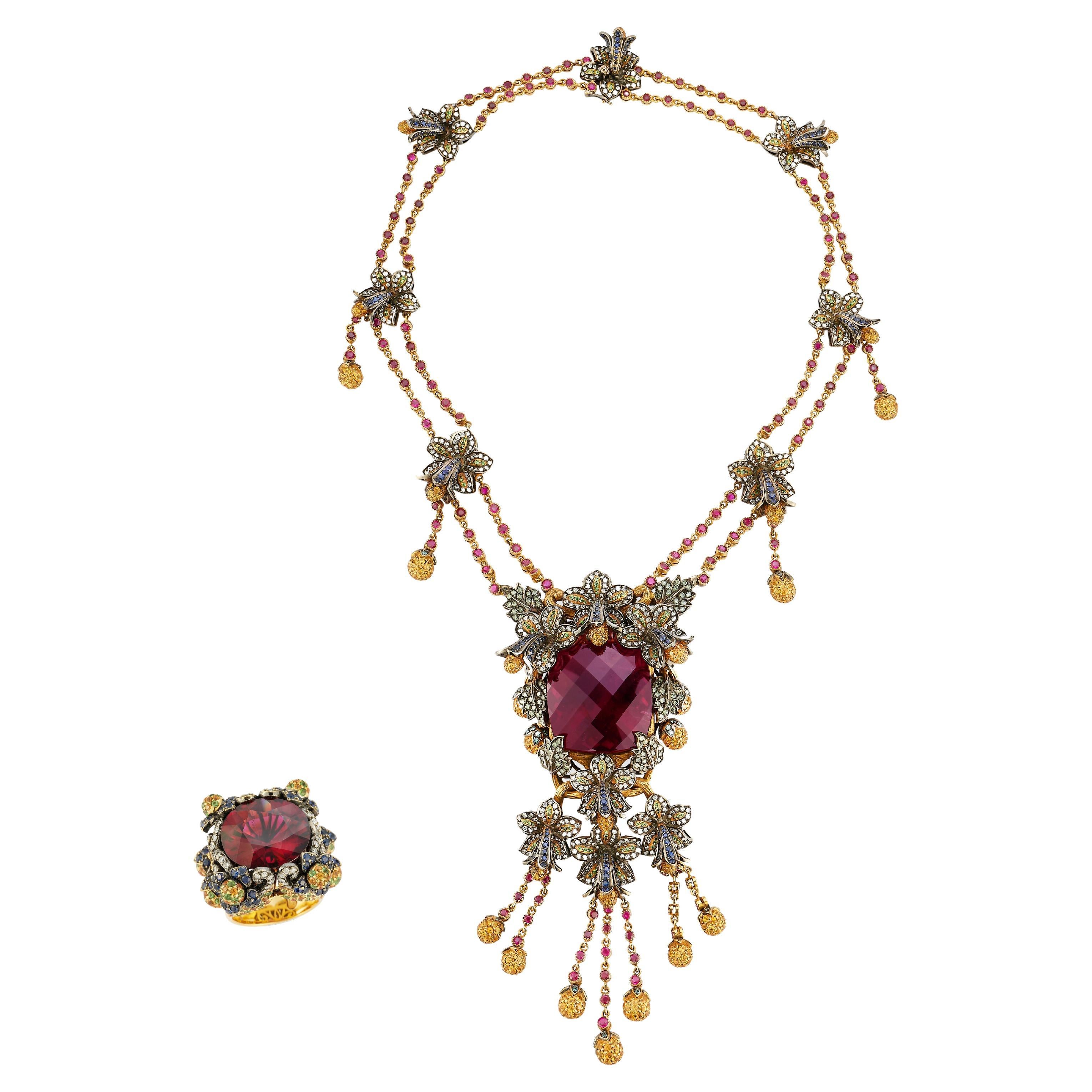 Important 125 Carat Rubellite Necklace And Ring Set  For Sale