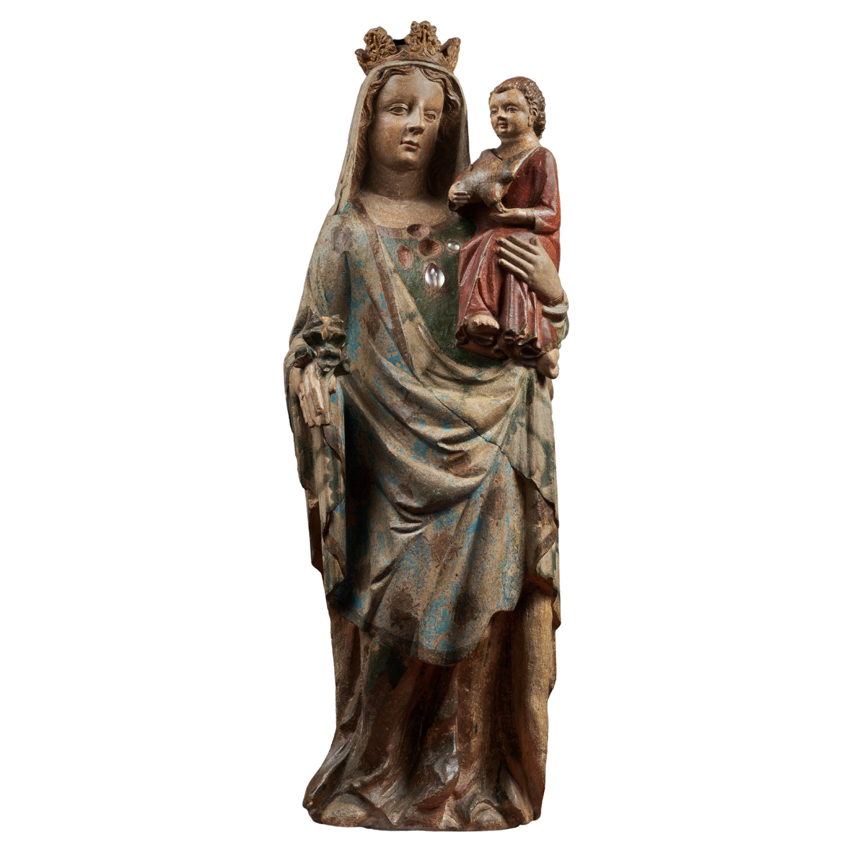 Important 14th Century Polychrome Limestone Virgin from Lorraine For Sale