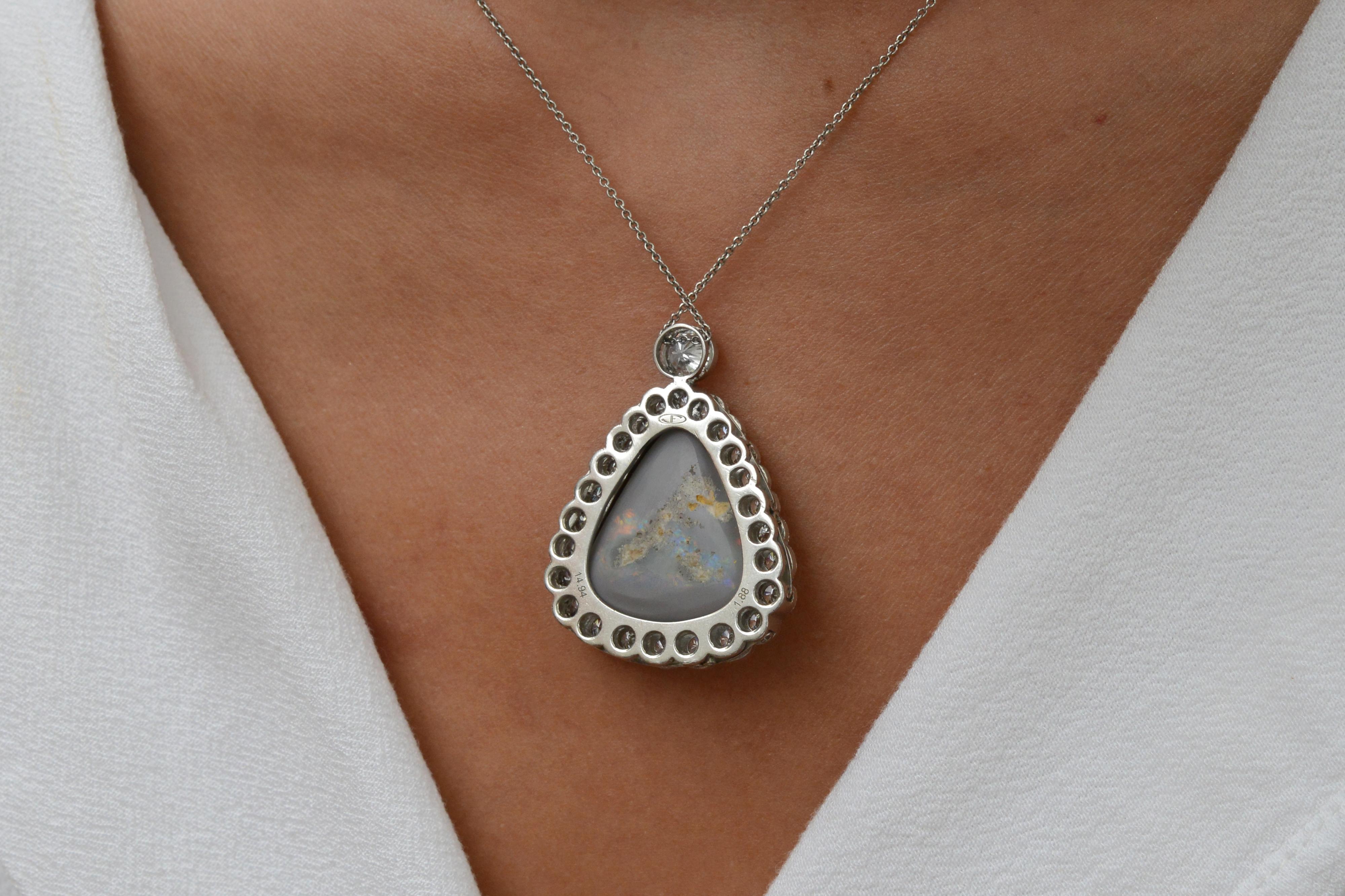 Art Deco Important Lightning Ridge 15 Carat Black Opal Diamond Vintage Necklace For Sale