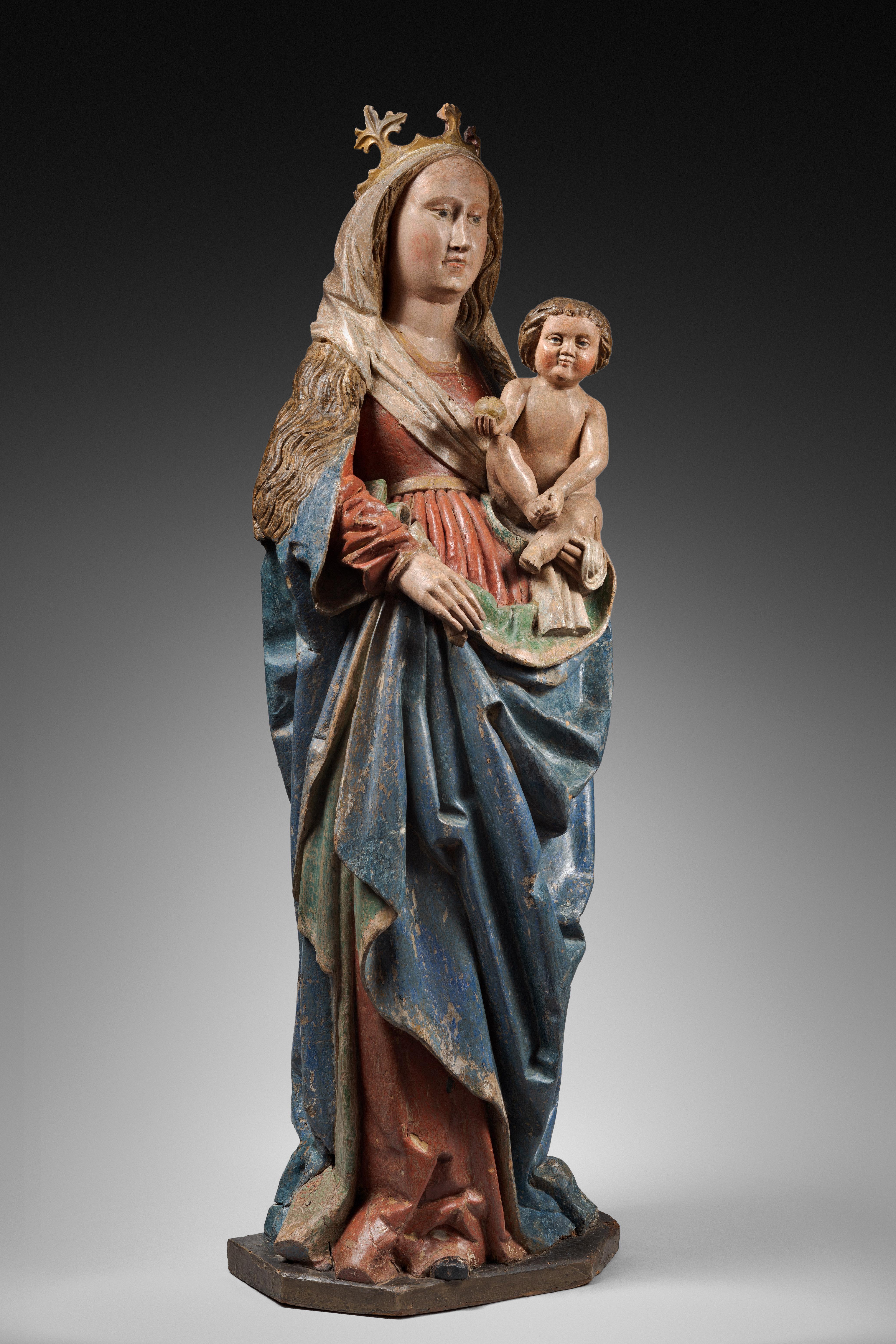 Importante Vergine e Bambino in legno policromo del XV secolo In condizioni buone in vendita a Saint-Ouen, FR